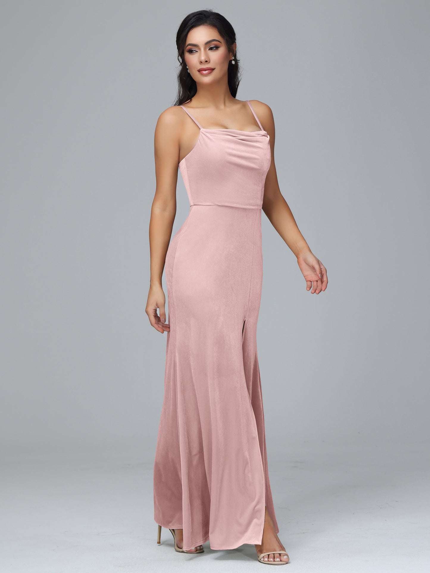 Spaghetti Straps Zipper Back Plus Size Velvet Bridesmaid Dress With Slit