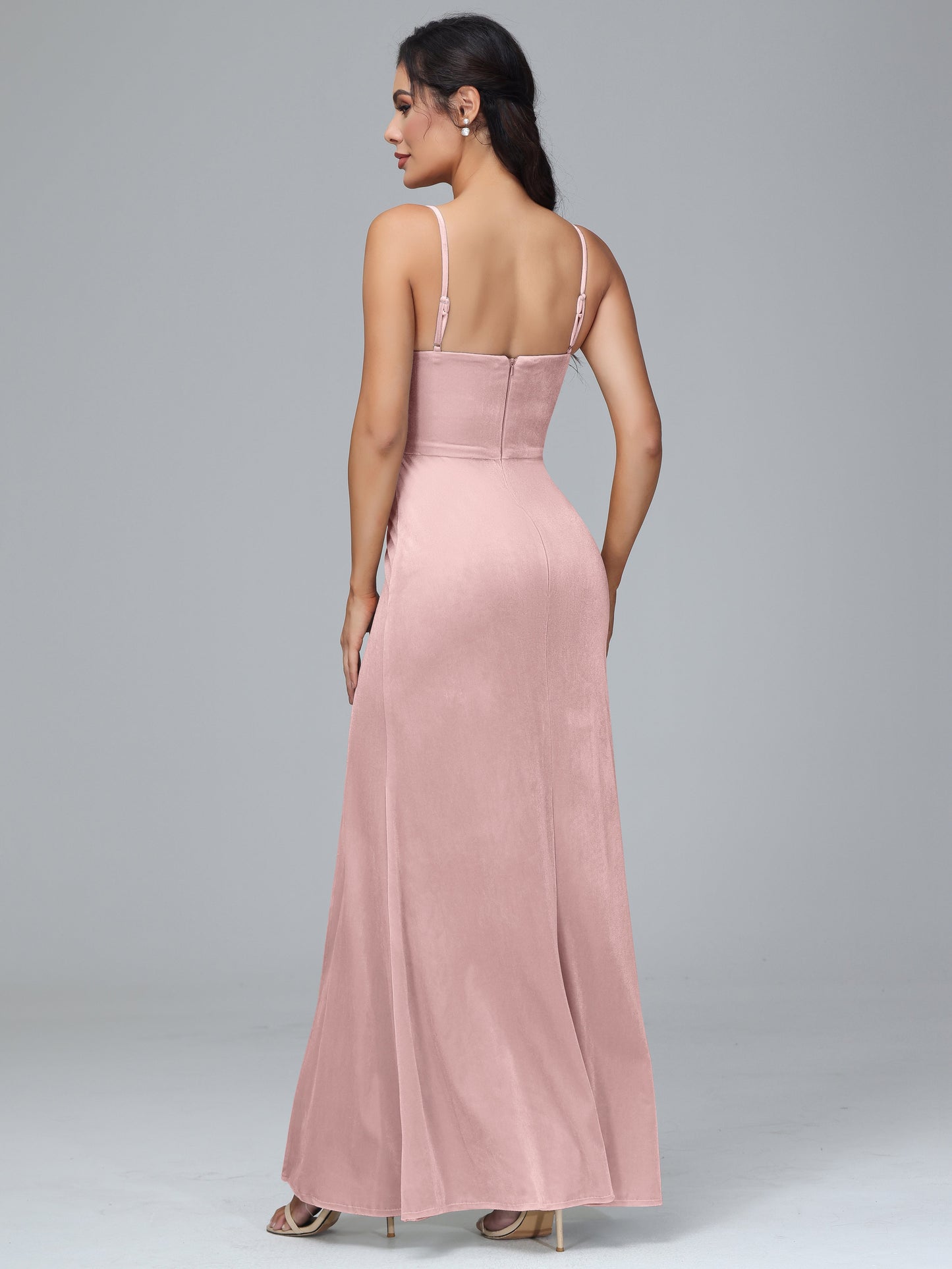 Spaghetti Straps Zipper Back Plus Size Velvet Bridesmaid Dress With Slit