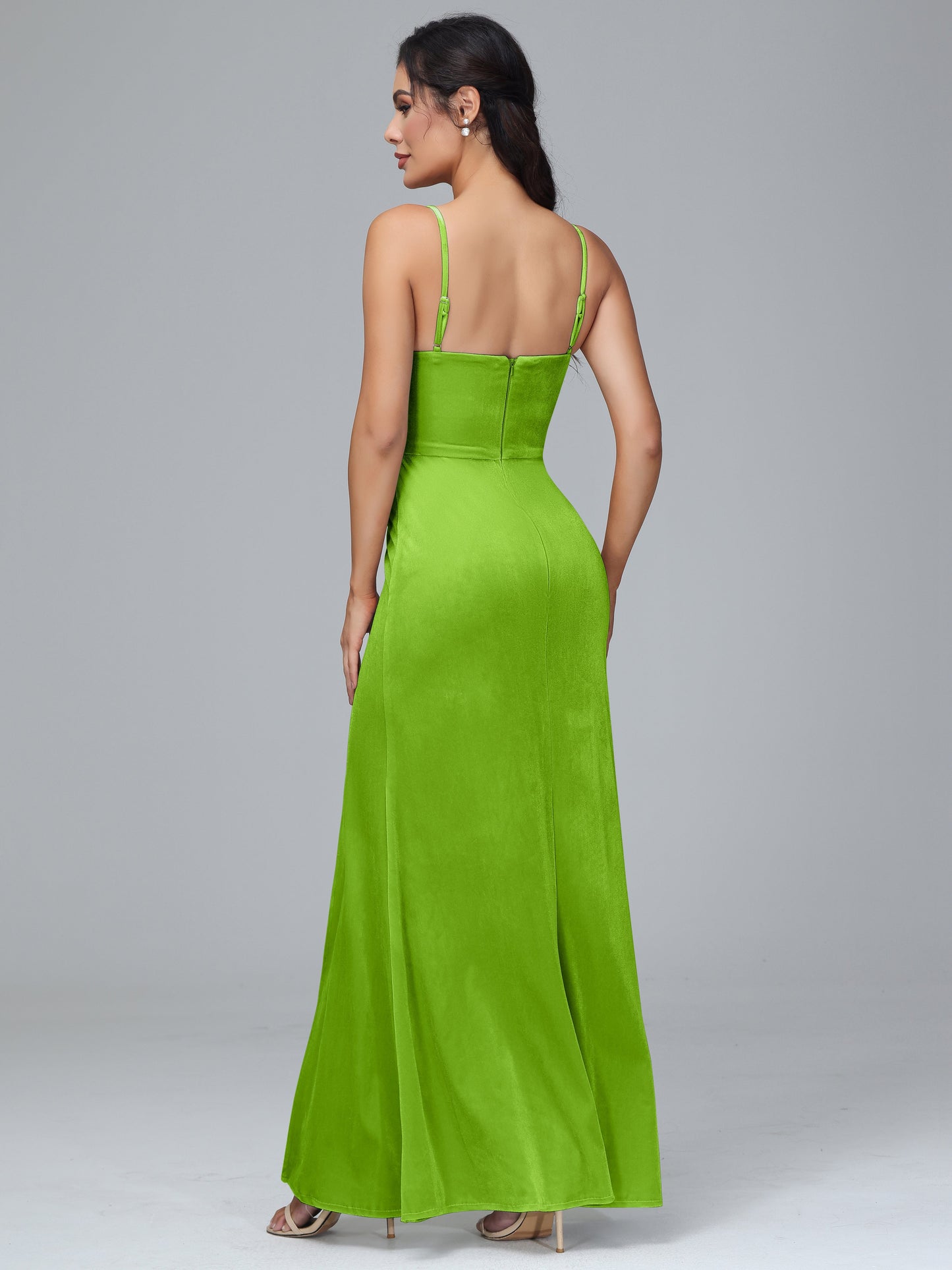 Spaghetti Straps Zipper Back Plus Size Velvet Bridesmaid Dress With Slit