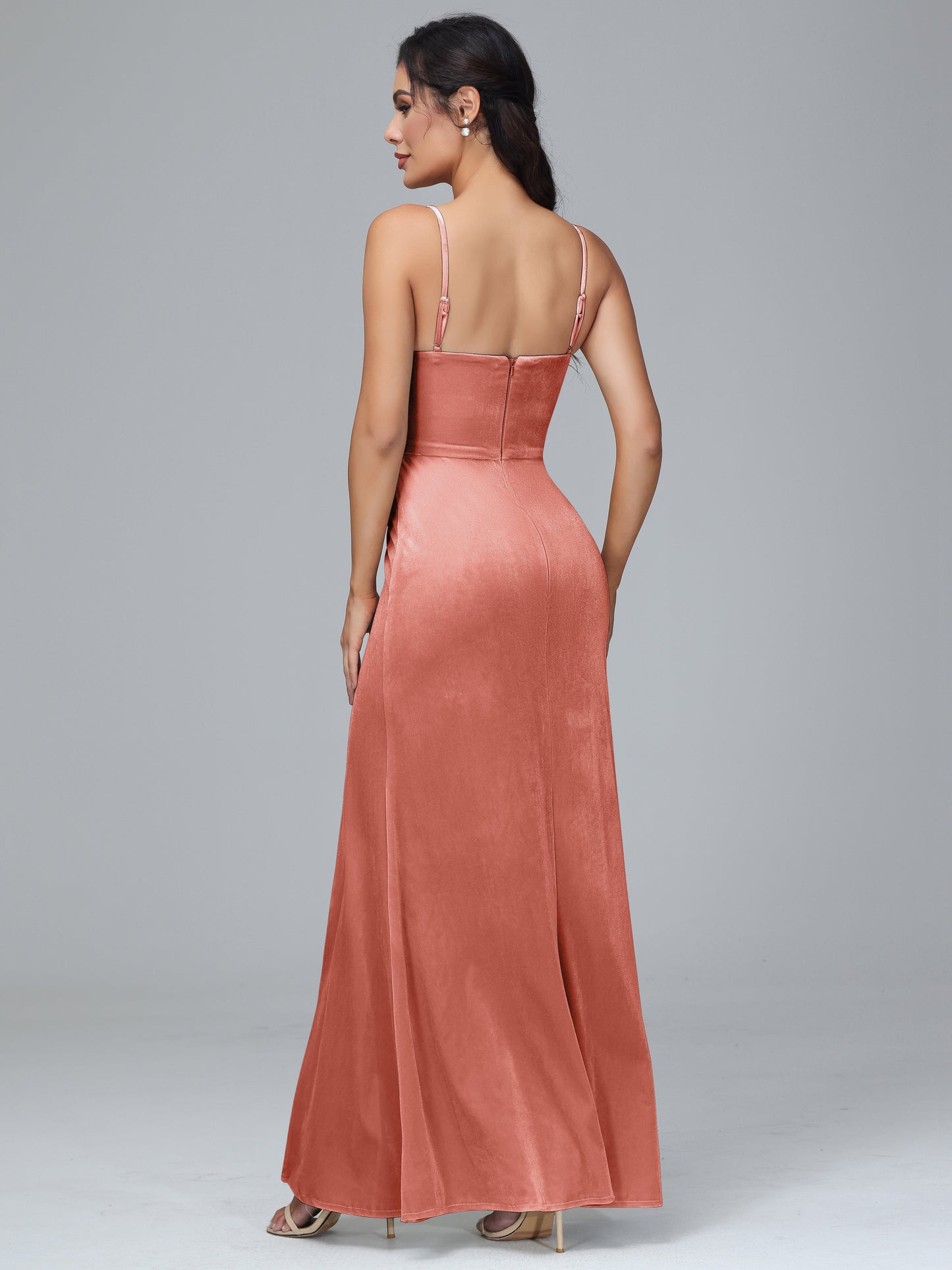 Spaghetti Straps Zipper Back Plus Size Velvet Bridesmaid Dress With Slit