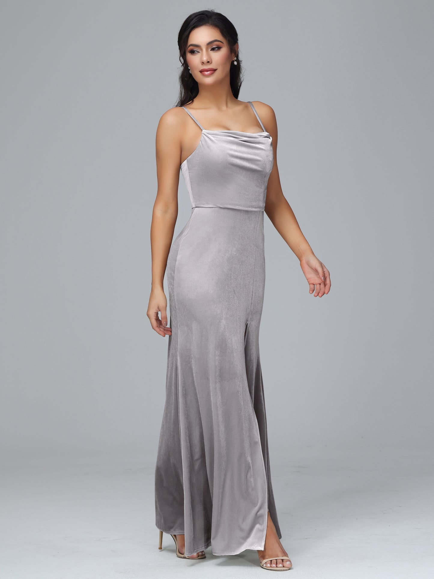 Spaghetti Straps Zipper Back Velvet Bridesmaid Dress With Slit
