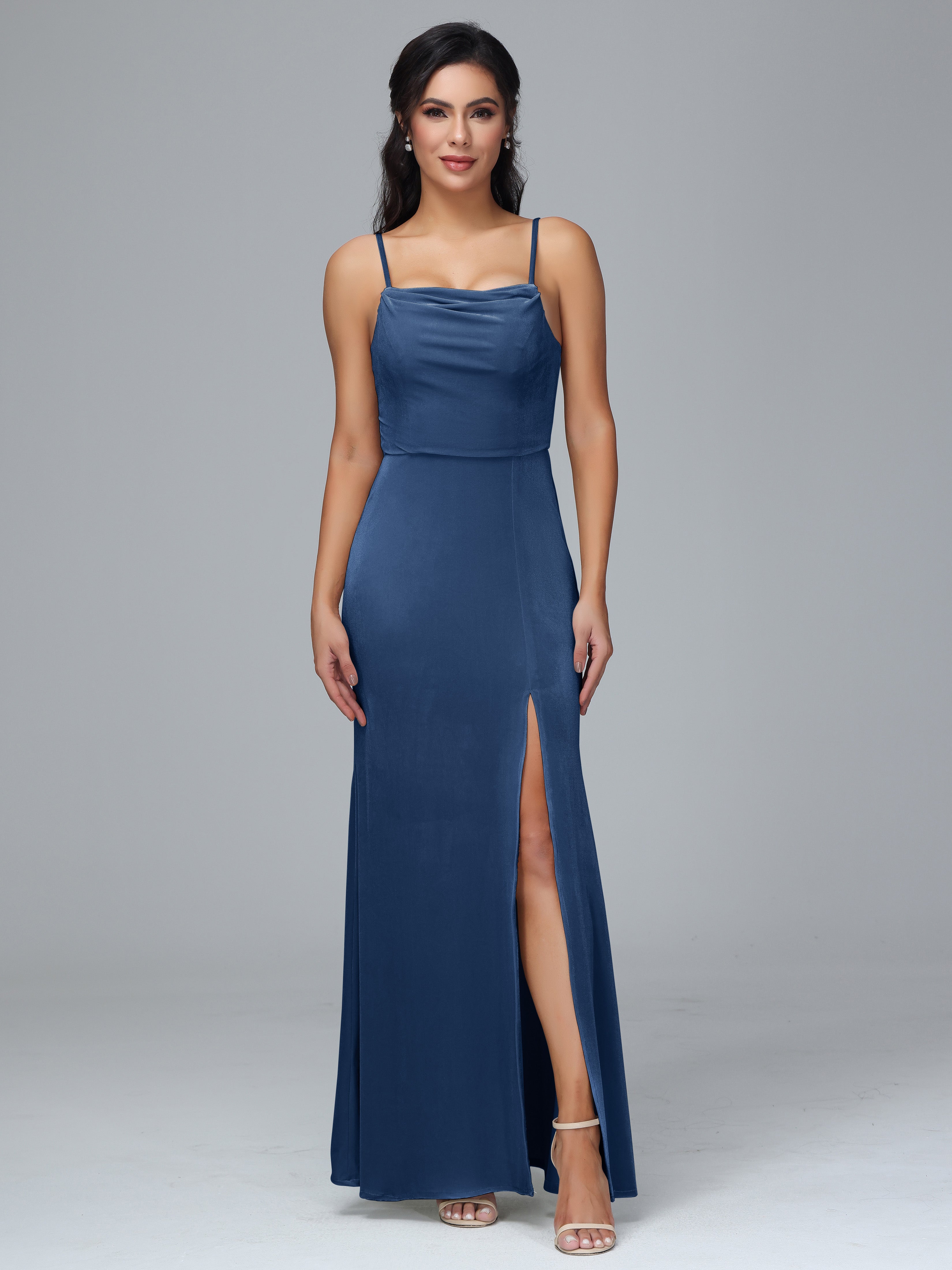 Spaghetti Straps Zipper Back Plus Size Velvet Bridesmaid Dress With Slit Spaghetti Straps Zipper Back Plus Size Velvet Bridesmaid Dress With Slit
