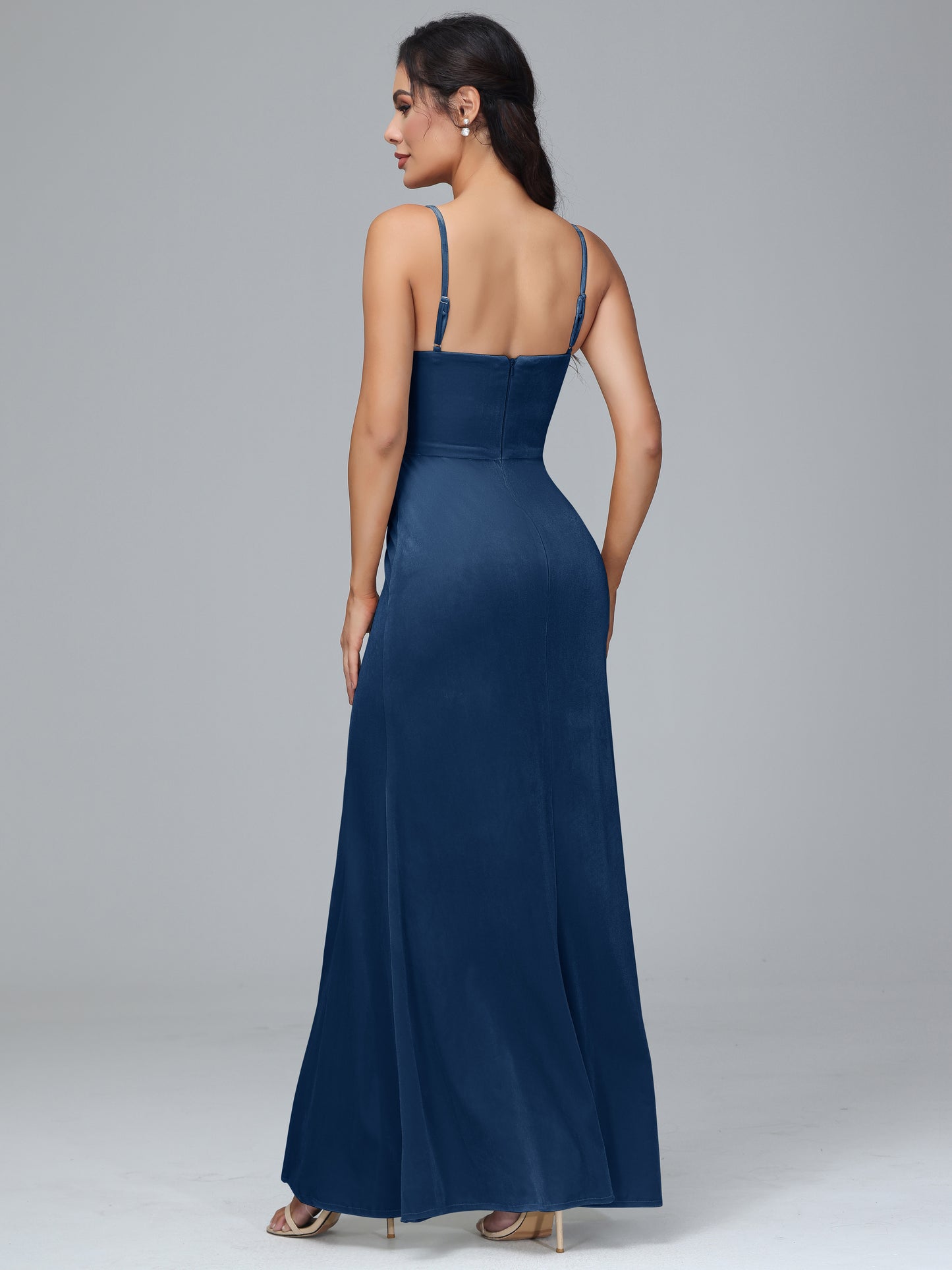 Spaghetti Straps Zipper Back Velvet Bridesmaid Dress With Slit
