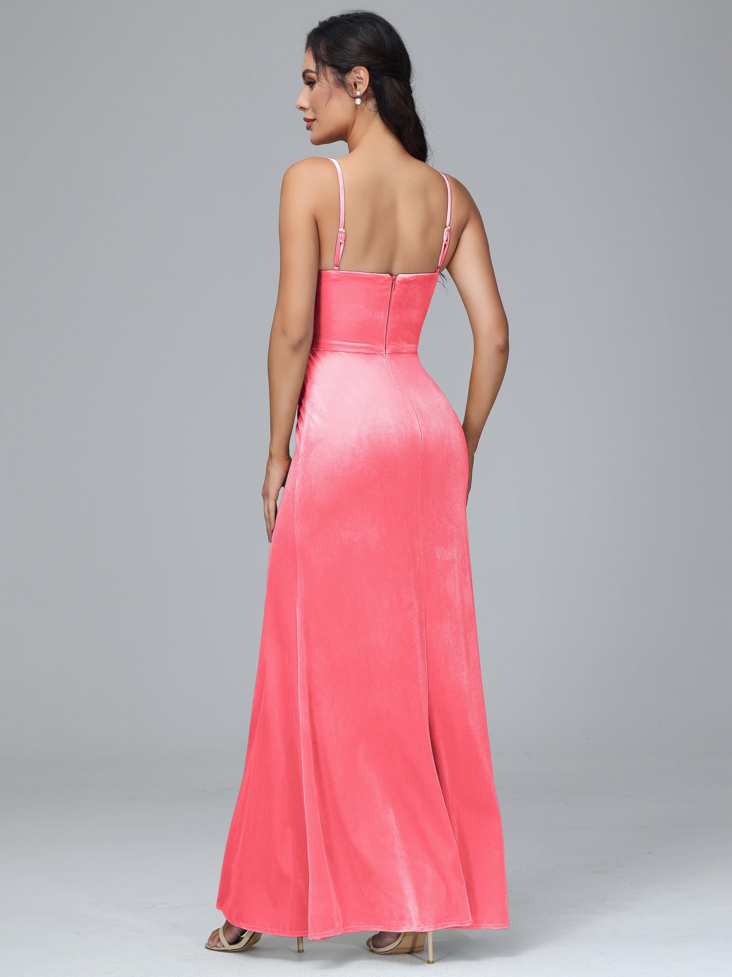 Spaghetti Straps Zipper Back Plus Size Velvet Bridesmaid Dress With Slit