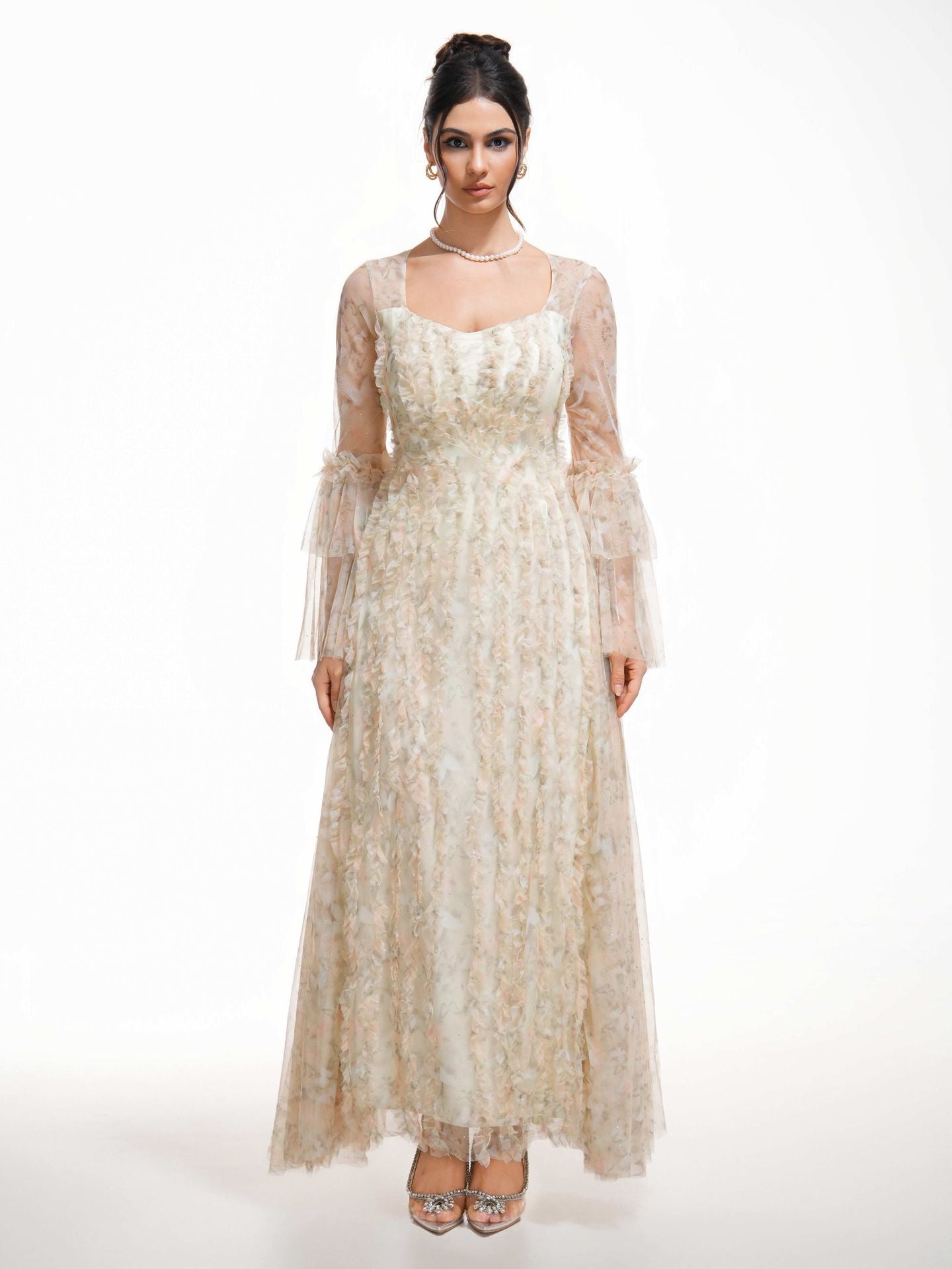 Sparkly Illusion Flared Sleeves Floral Long Prom Dresses, Daffodil / XL Sparkly Illusion Flared Sleeves Floral Long Prom Dresses, Daffodil / XL