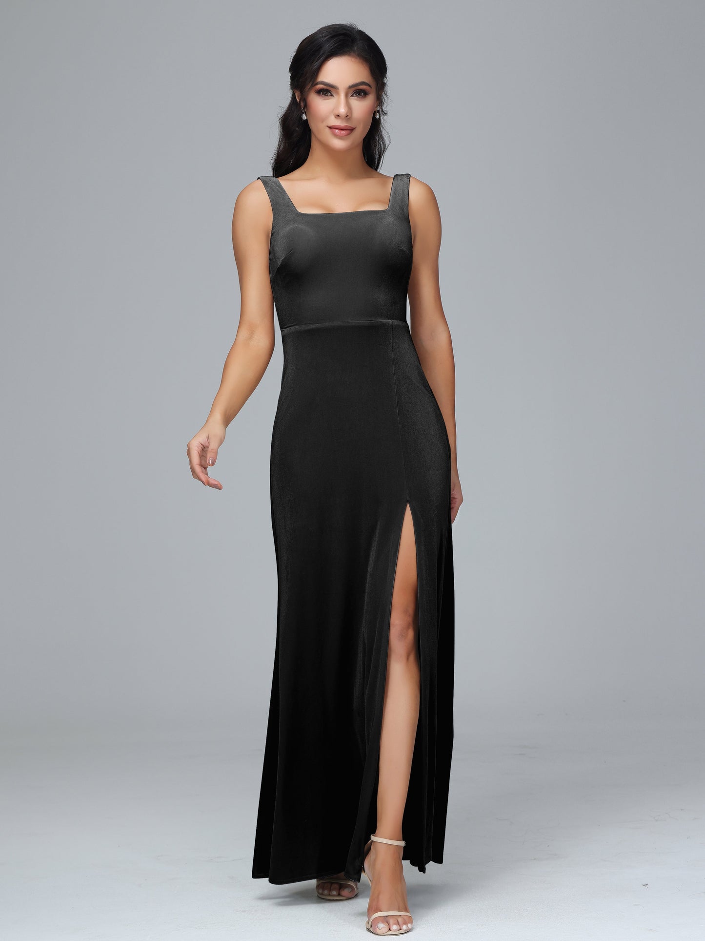 Square Neck Plus Size Velvet Bridesmaid Dress With Slit