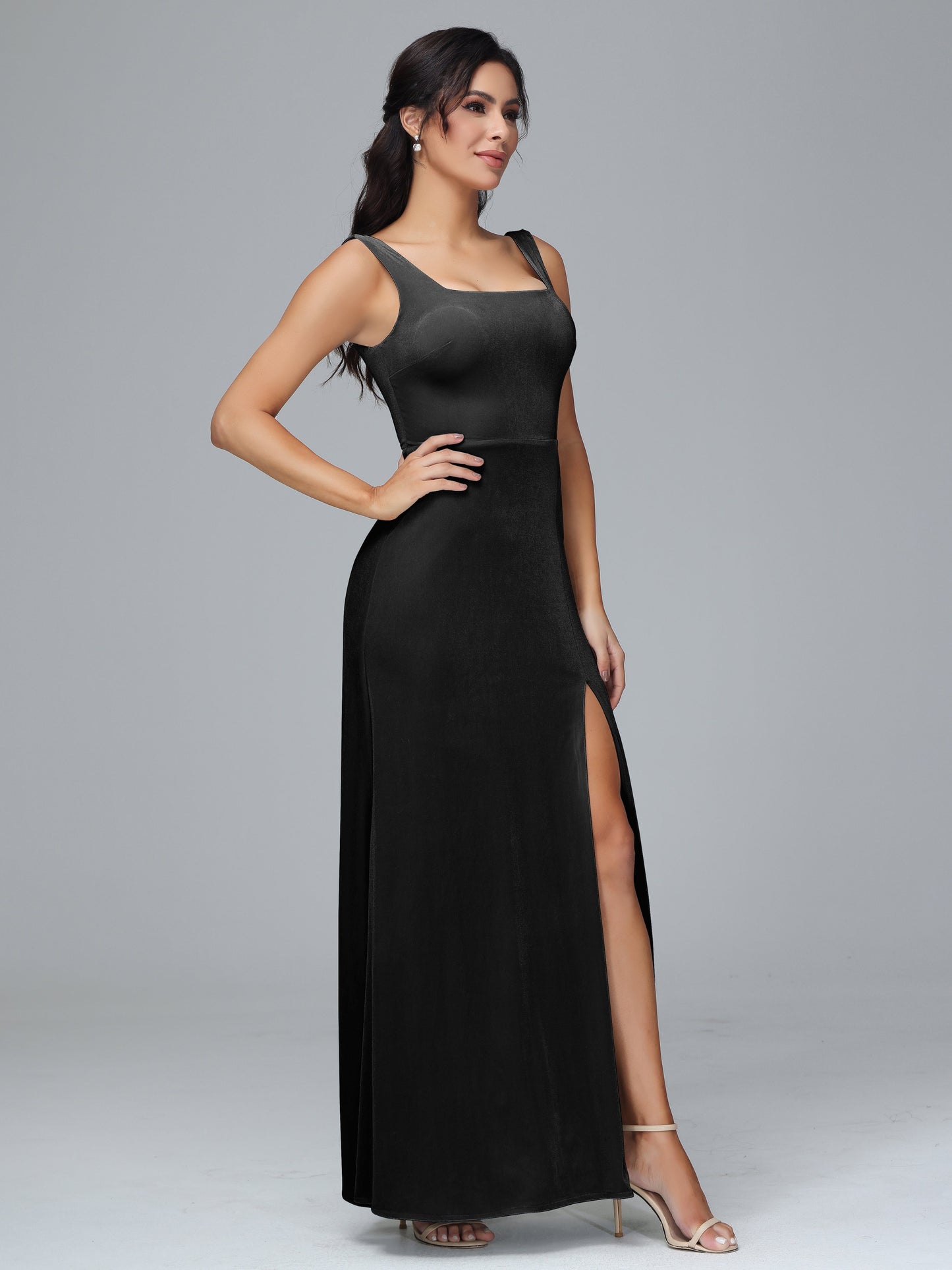 Square Neck Plus Size Velvet Bridesmaid Dress With Slit