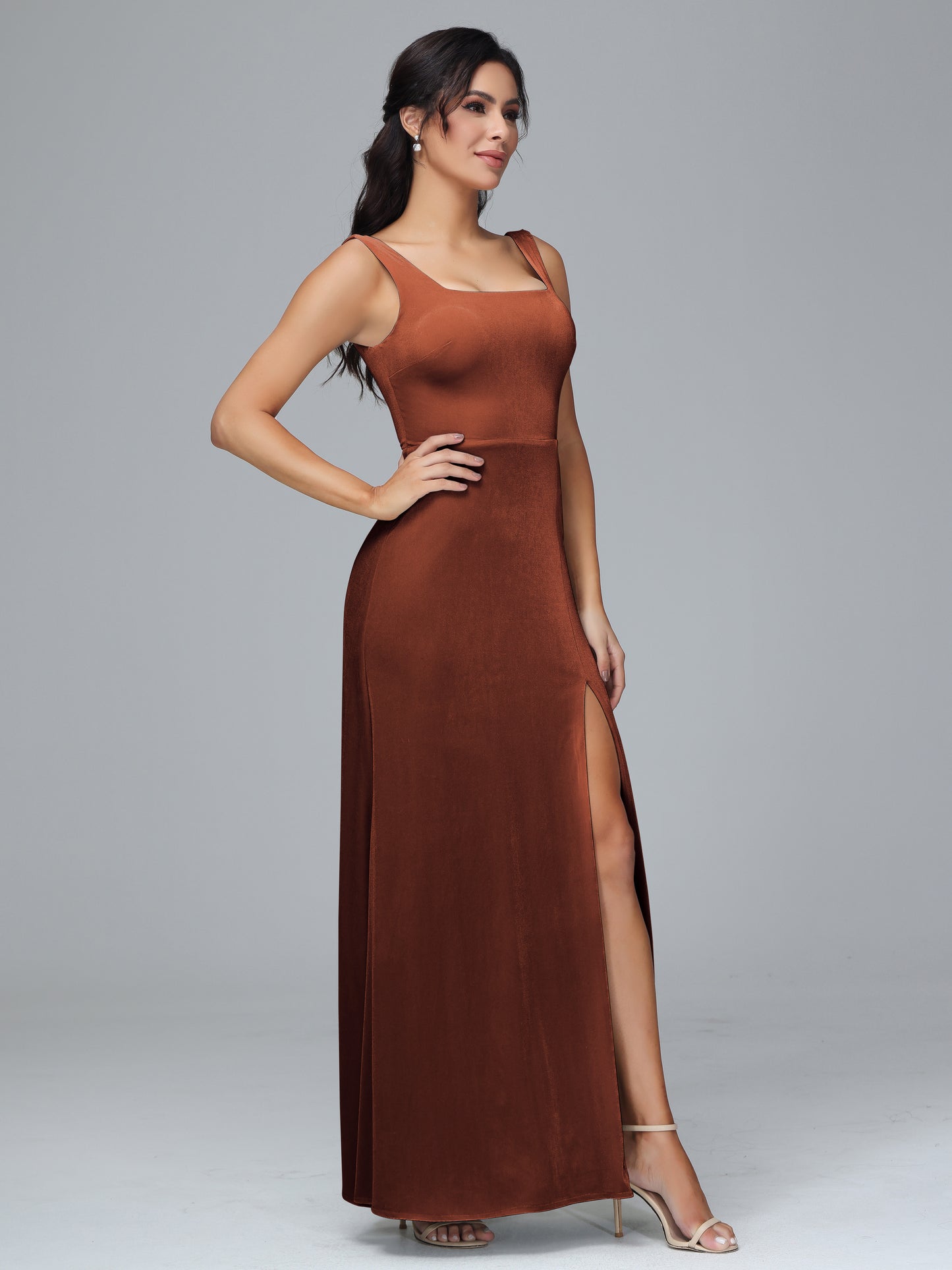 Square Neck Velvet Bridesmaid Dress With Slit