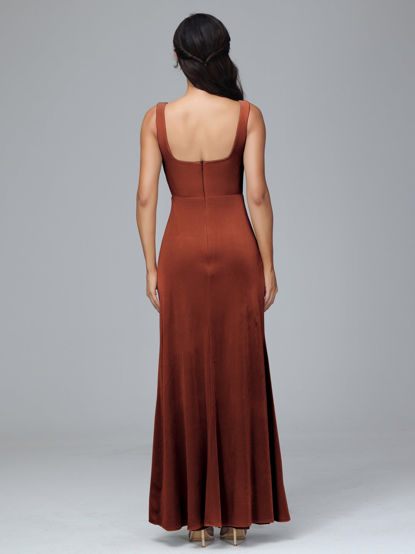 Square Neck Velvet Bridesmaid Dress With Slit