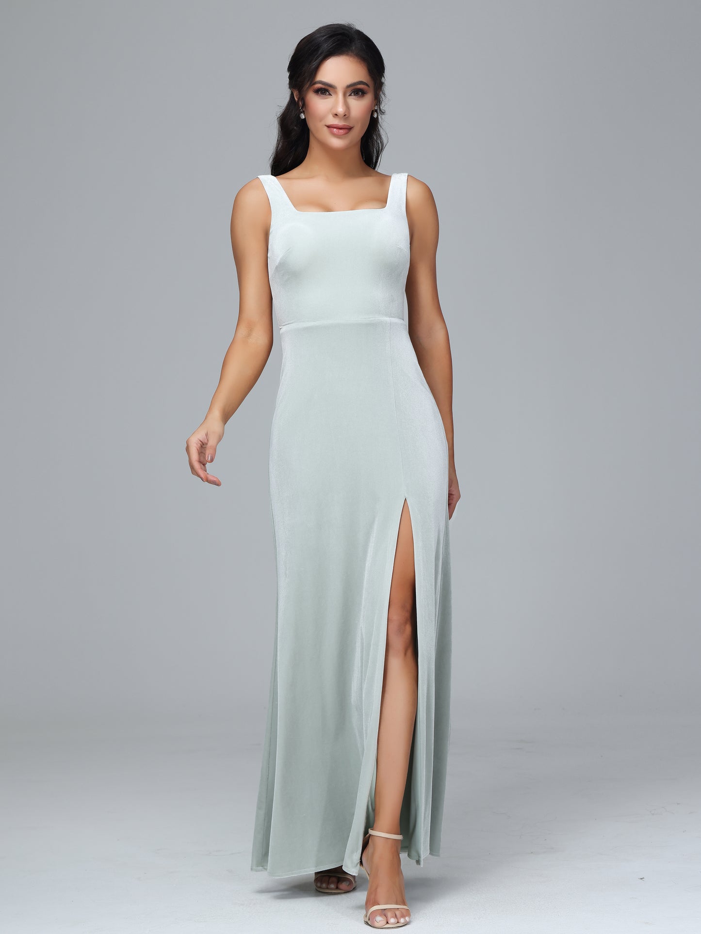 Square Neck Velvet Bridesmaid Dress With Slit