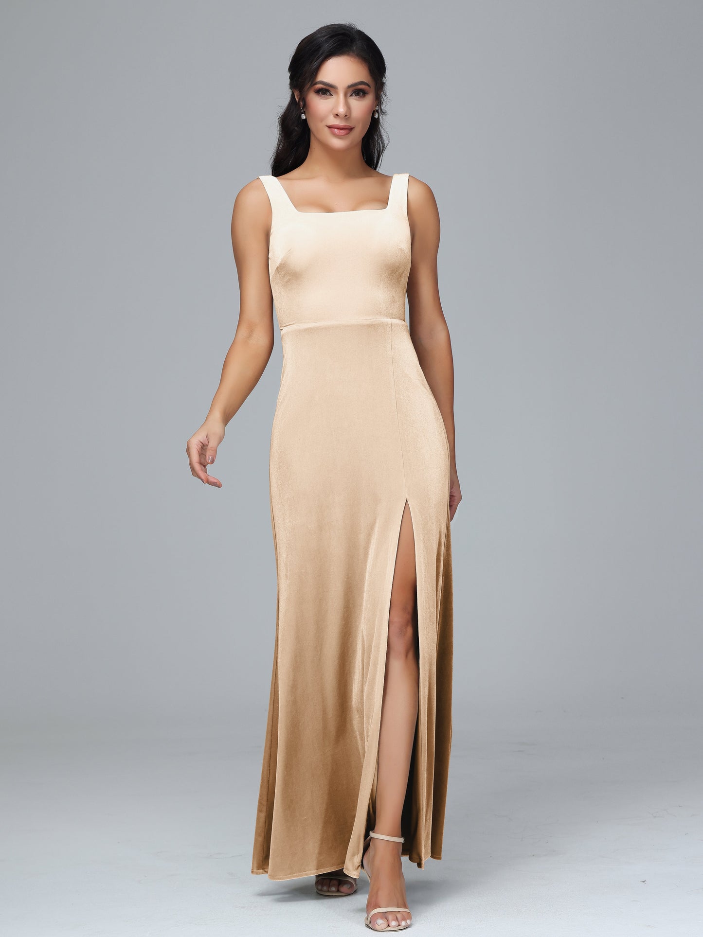 Square Neck Plus Size Velvet Bridesmaid Dress With Slit