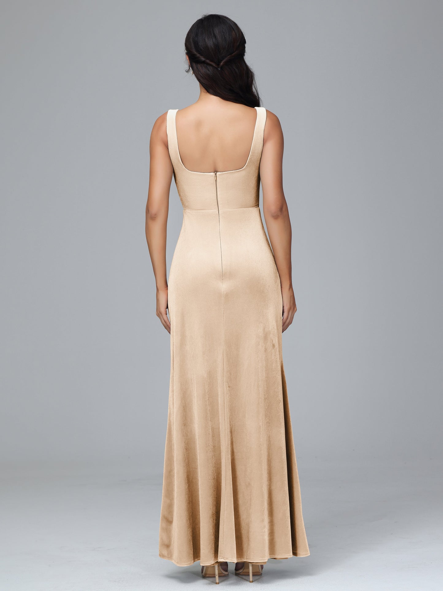 Square Neck Plus Size Velvet Bridesmaid Dress With Slit