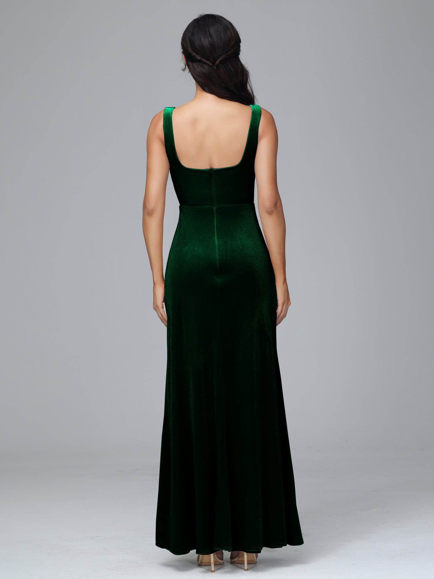 Square Neck Velvet Bridesmaid Dress With Slit