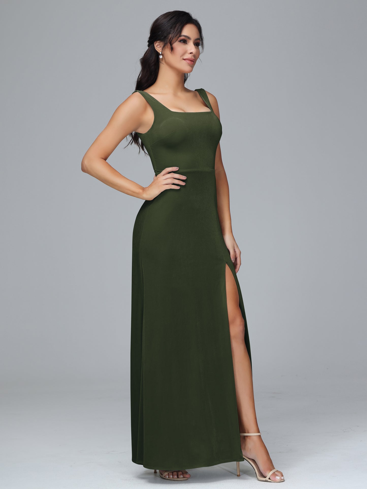 Square Neck Velvet Bridesmaid Dress With Slit