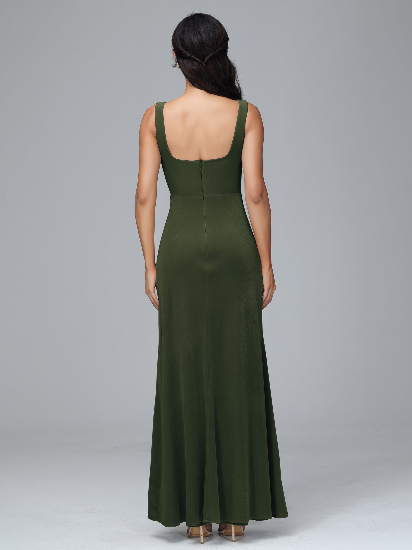 Square Neck Velvet Bridesmaid Dress With Slit