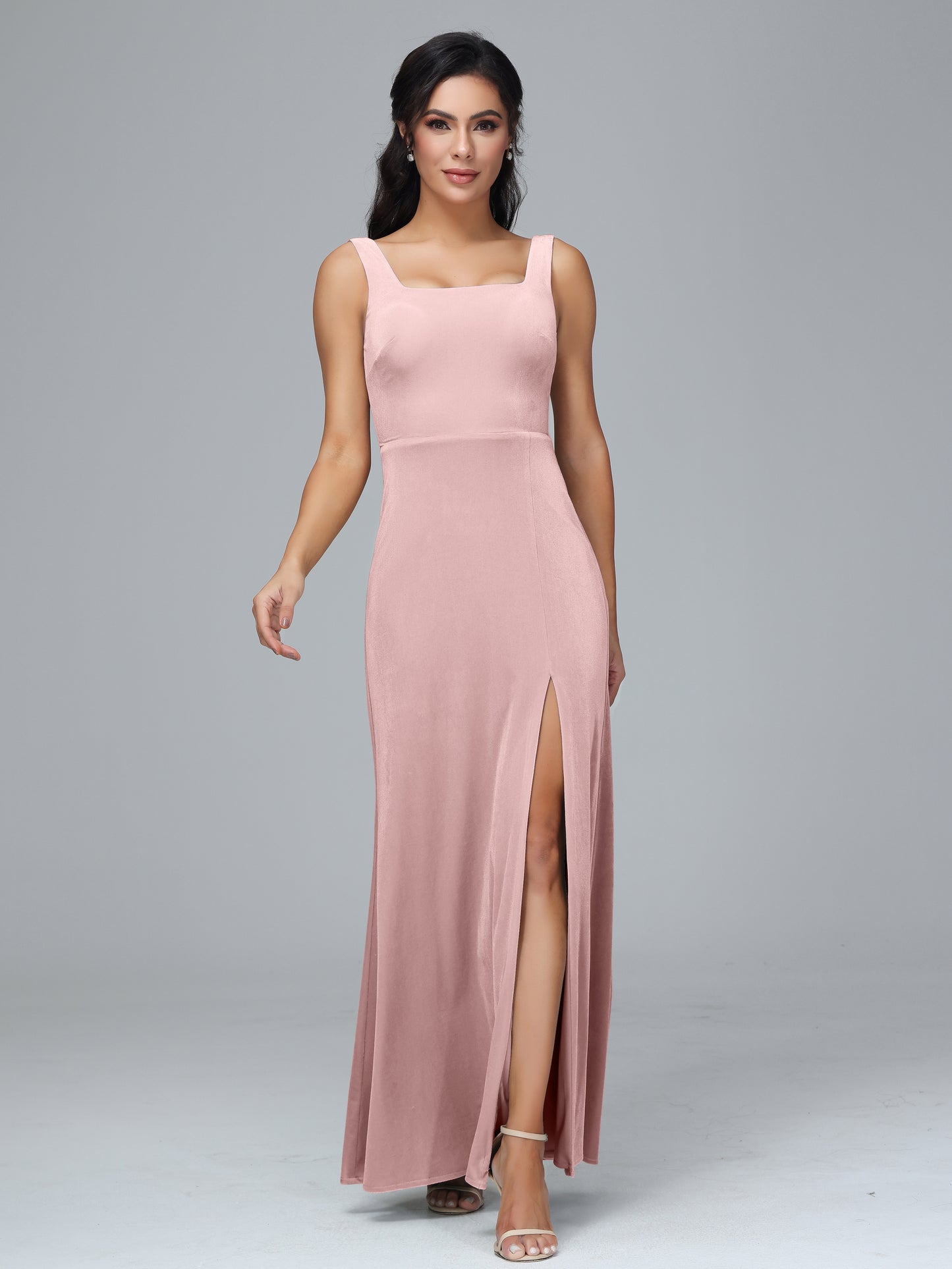 Square Neck Velvet Bridesmaid Dress With Slit