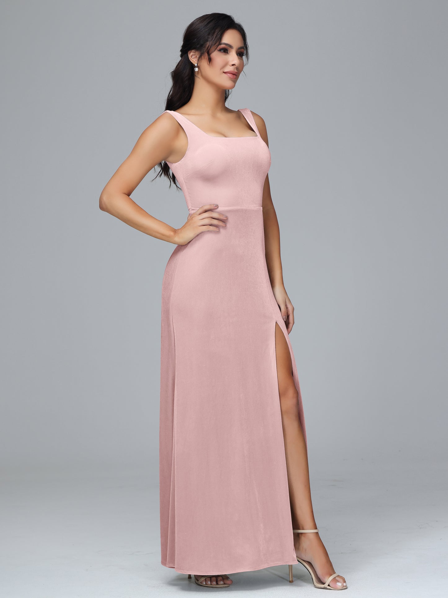 Square Neck Velvet Bridesmaid Dress With Slit