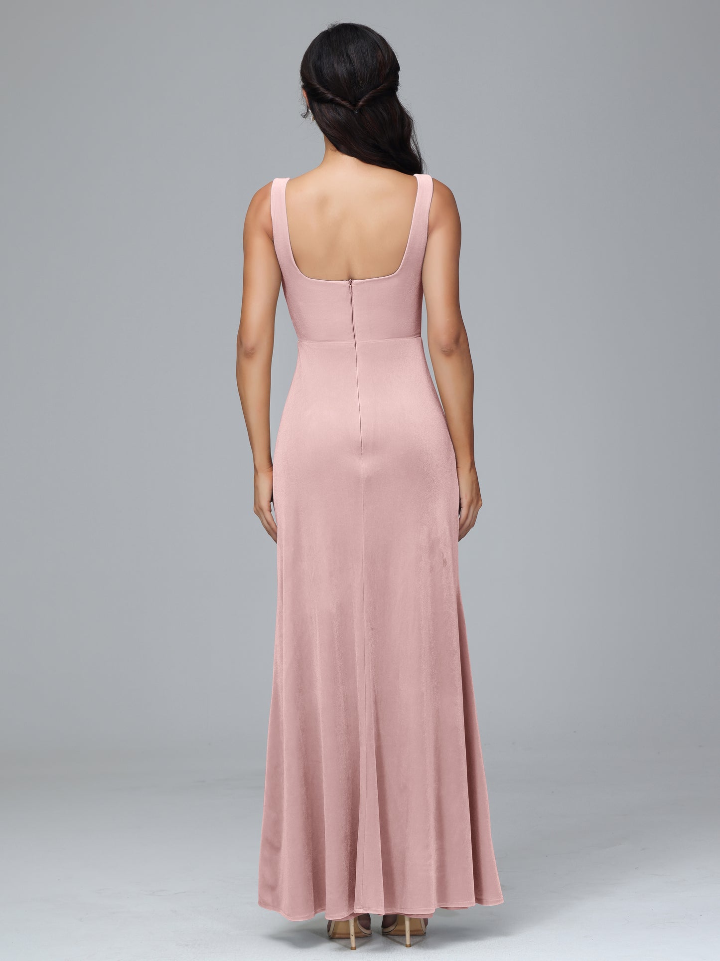 Square Neck Velvet Bridesmaid Dress With Slit