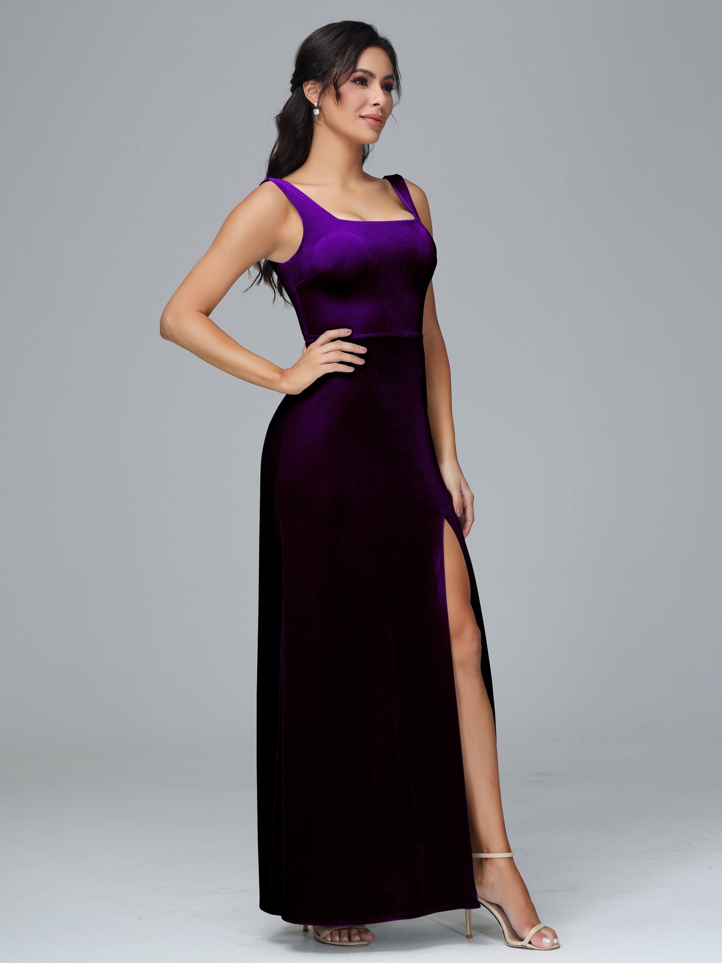 Square Neck Velvet Bridesmaid Dress With Slit