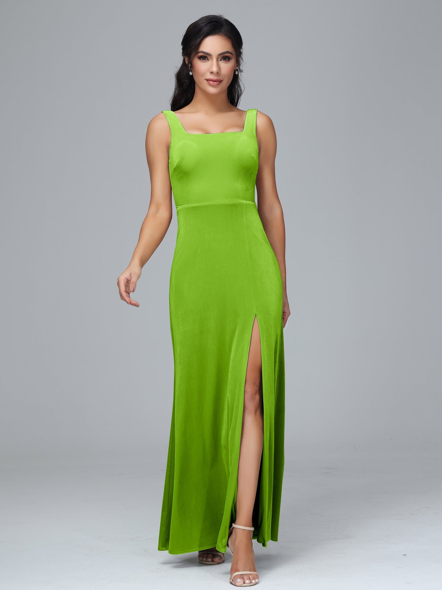 Square Neck Plus Size Velvet Bridesmaid Dress With Slit