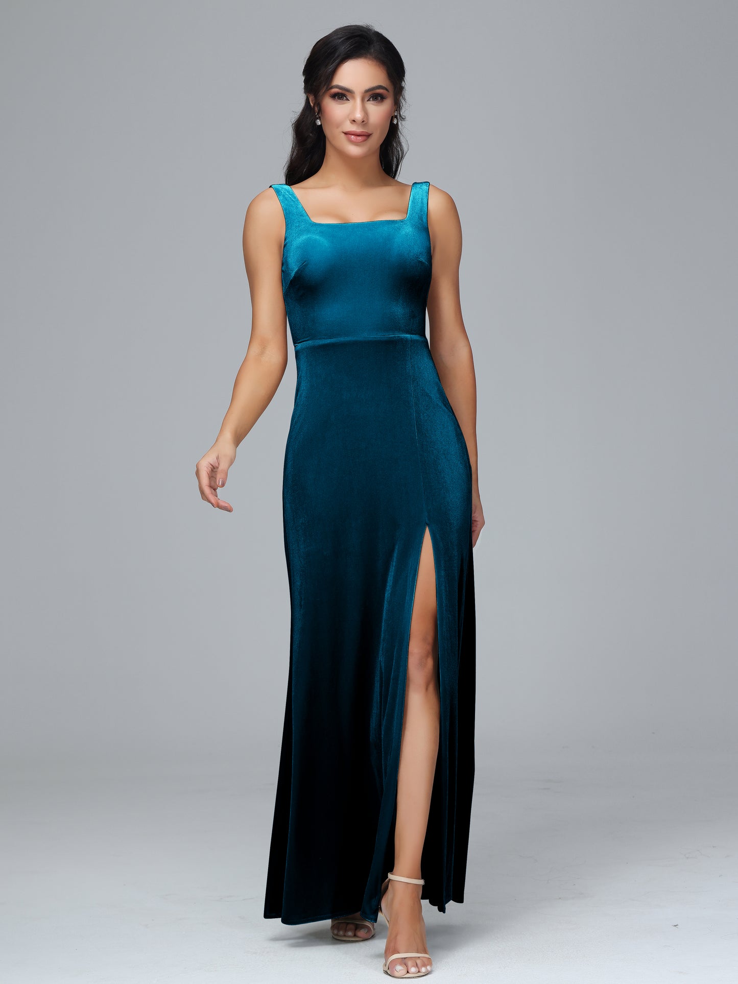 Square Neck Velvet Bridesmaid Dress With Slit