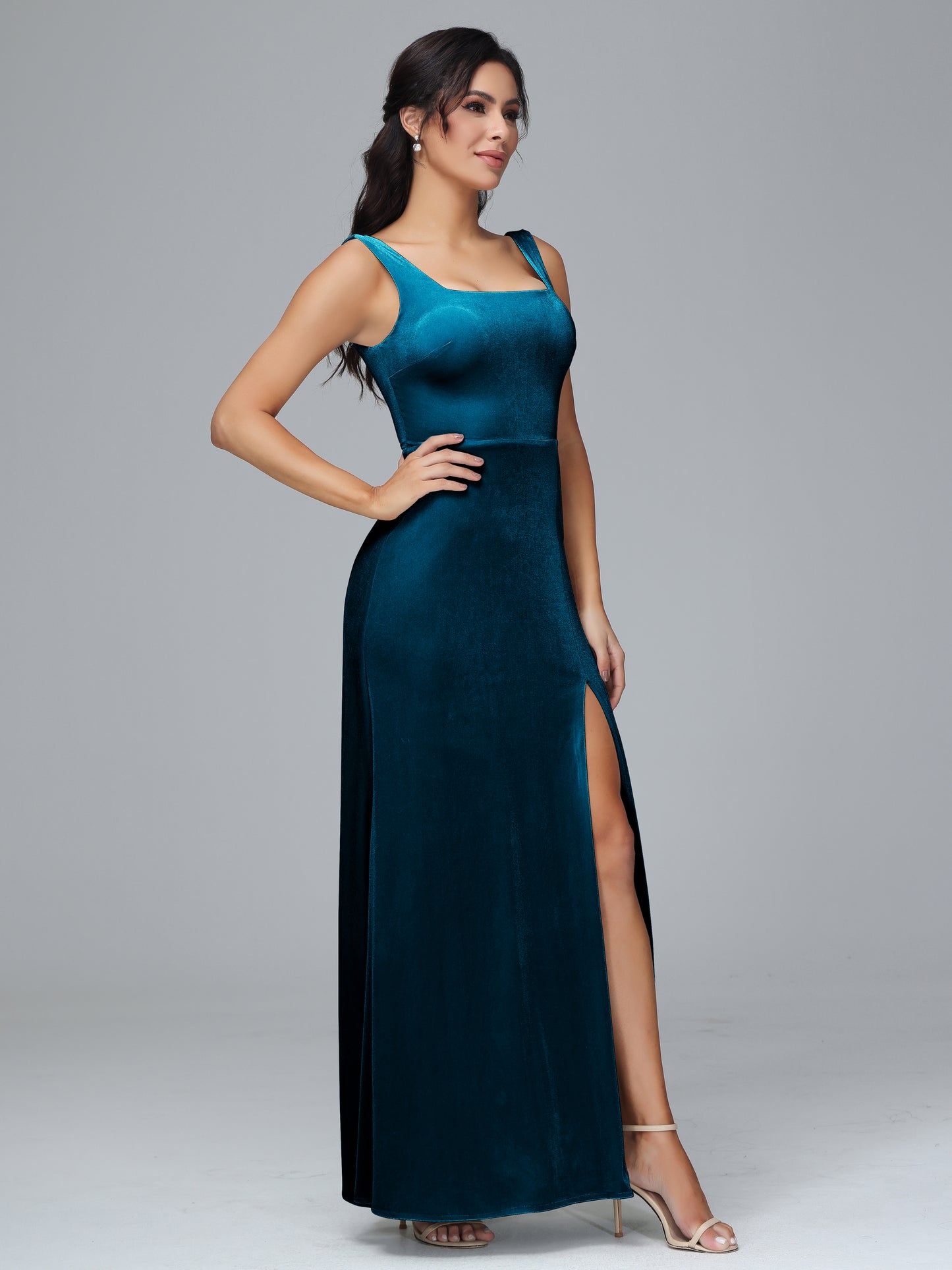 Square Neck Velvet Bridesmaid Dress With Slit