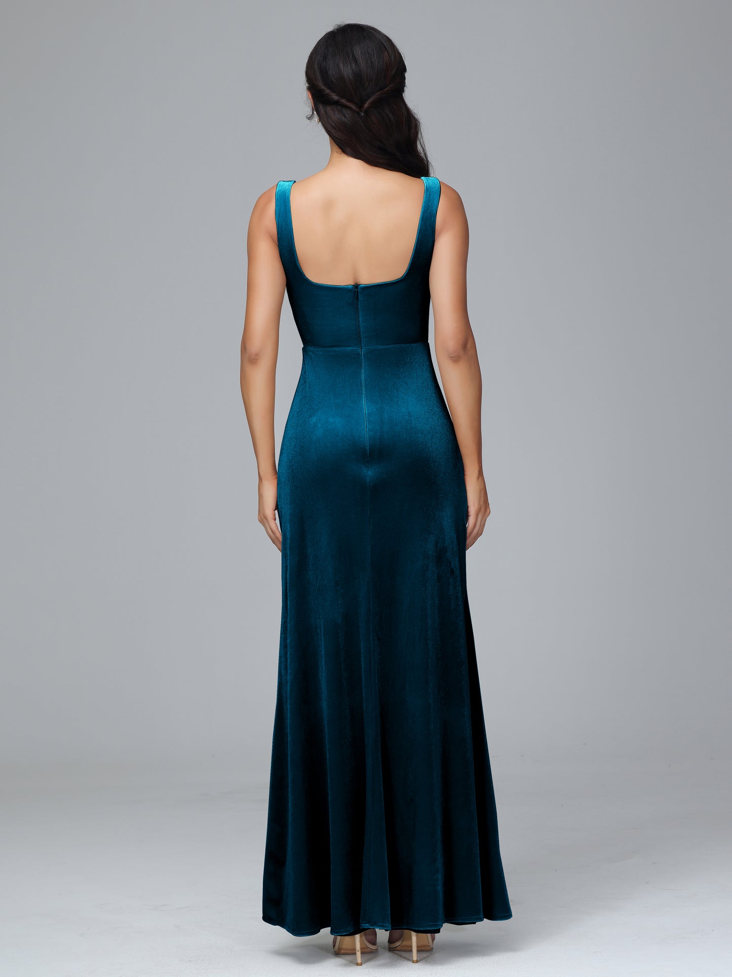 Square Neck Velvet Bridesmaid Dress With Slit