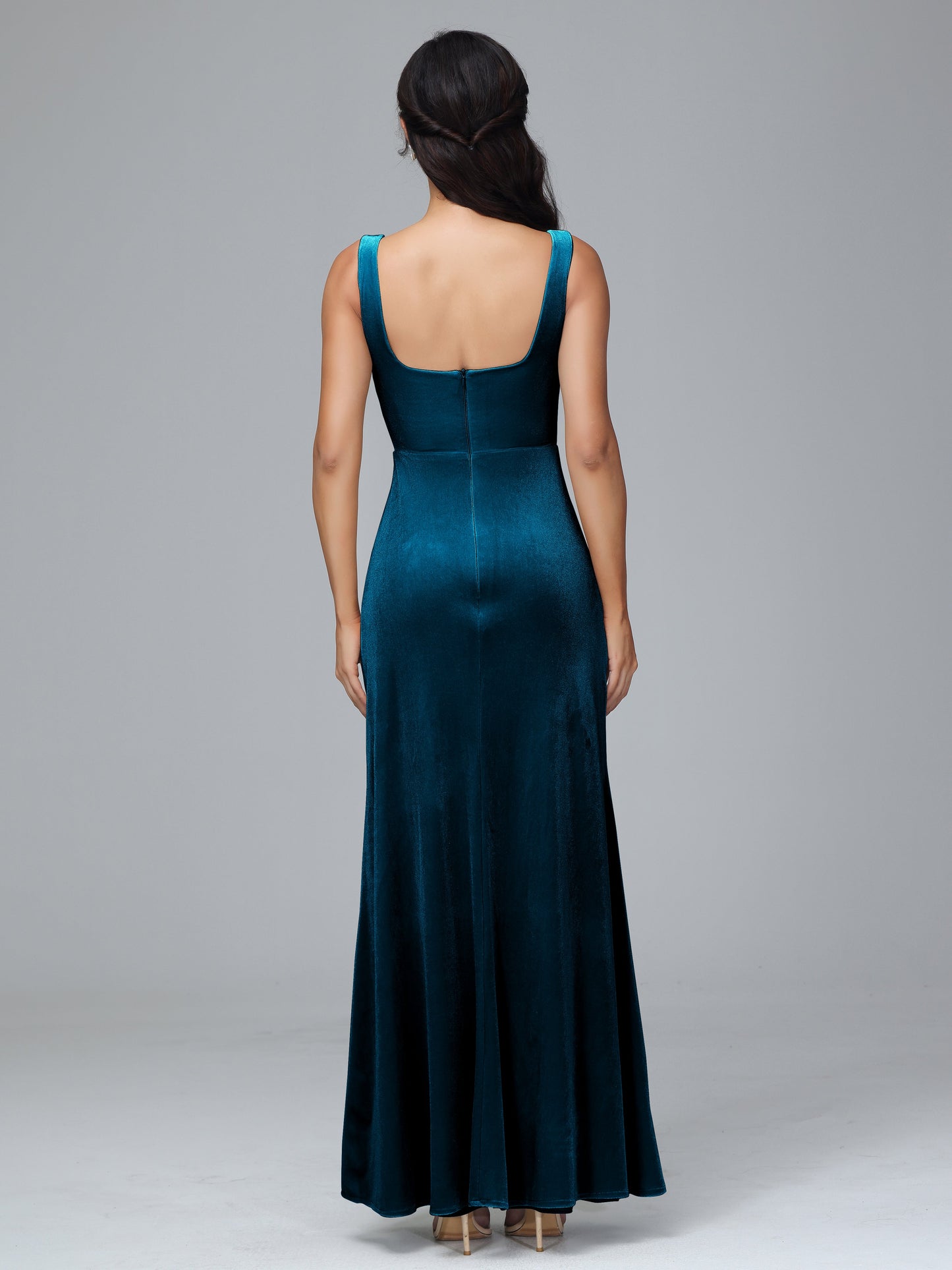 Square Neck Plus Size Velvet Bridesmaid Dress With Slit