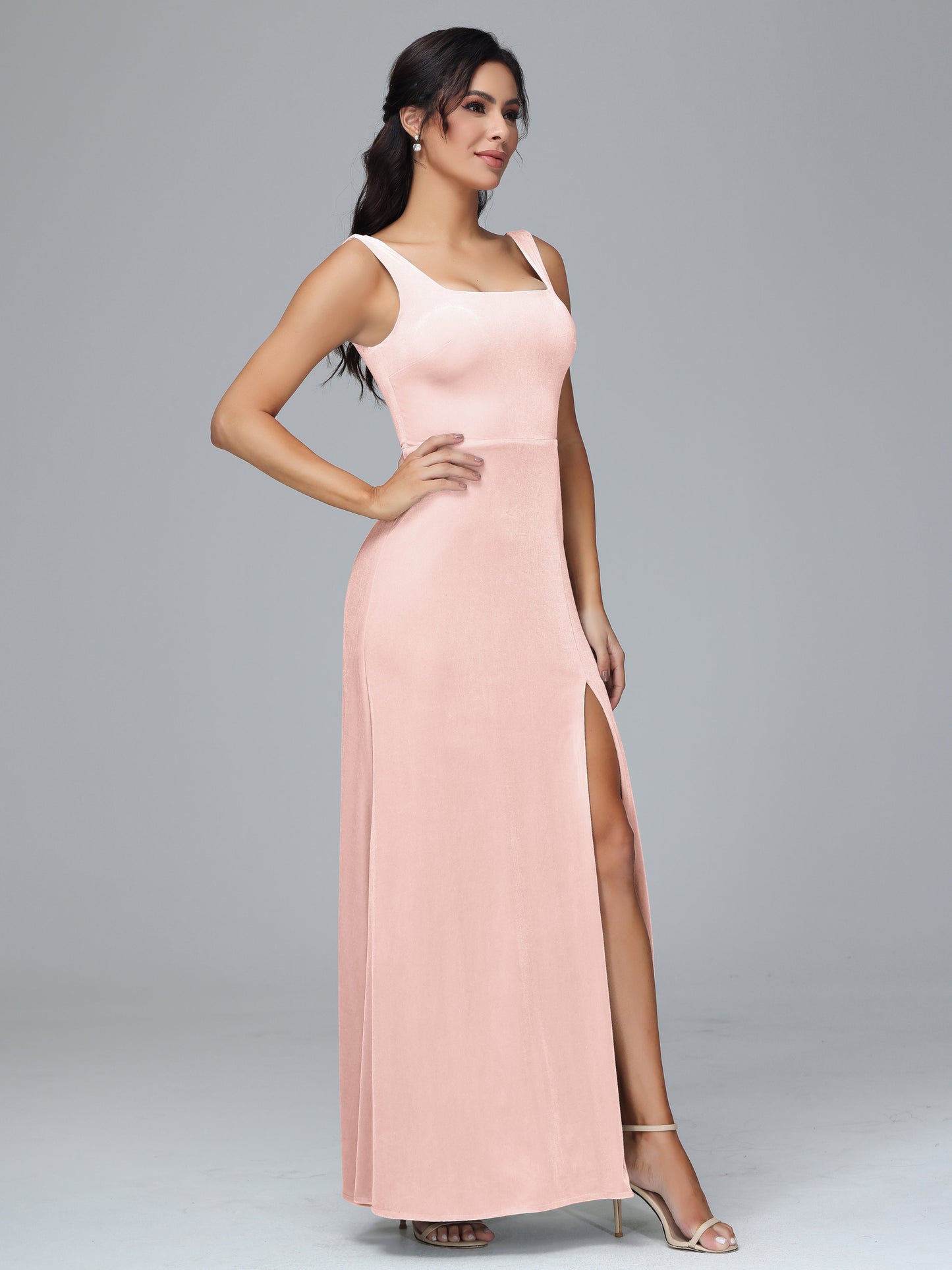 Square Neck Plus Size Velvet Bridesmaid Dress With Slit