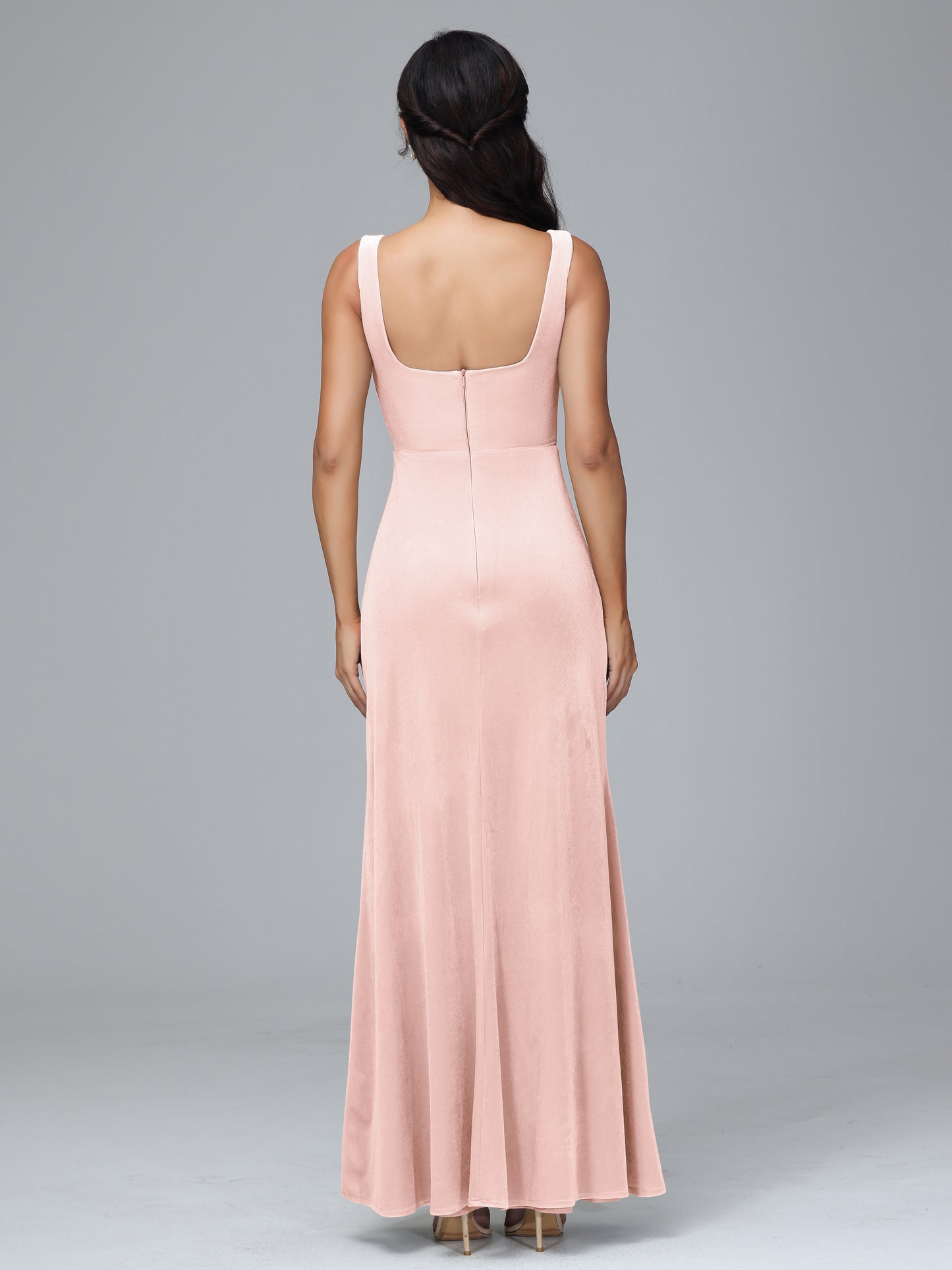 Square Neck Velvet Bridesmaid Dress With Slit