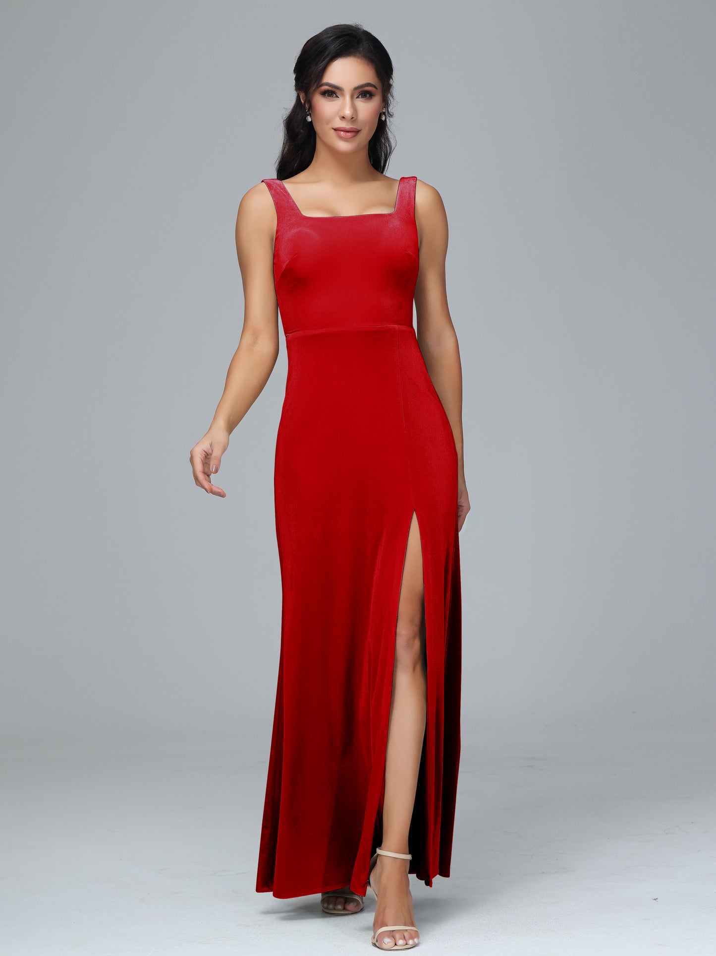 Square Neck Velvet Bridesmaid Dress With Slit