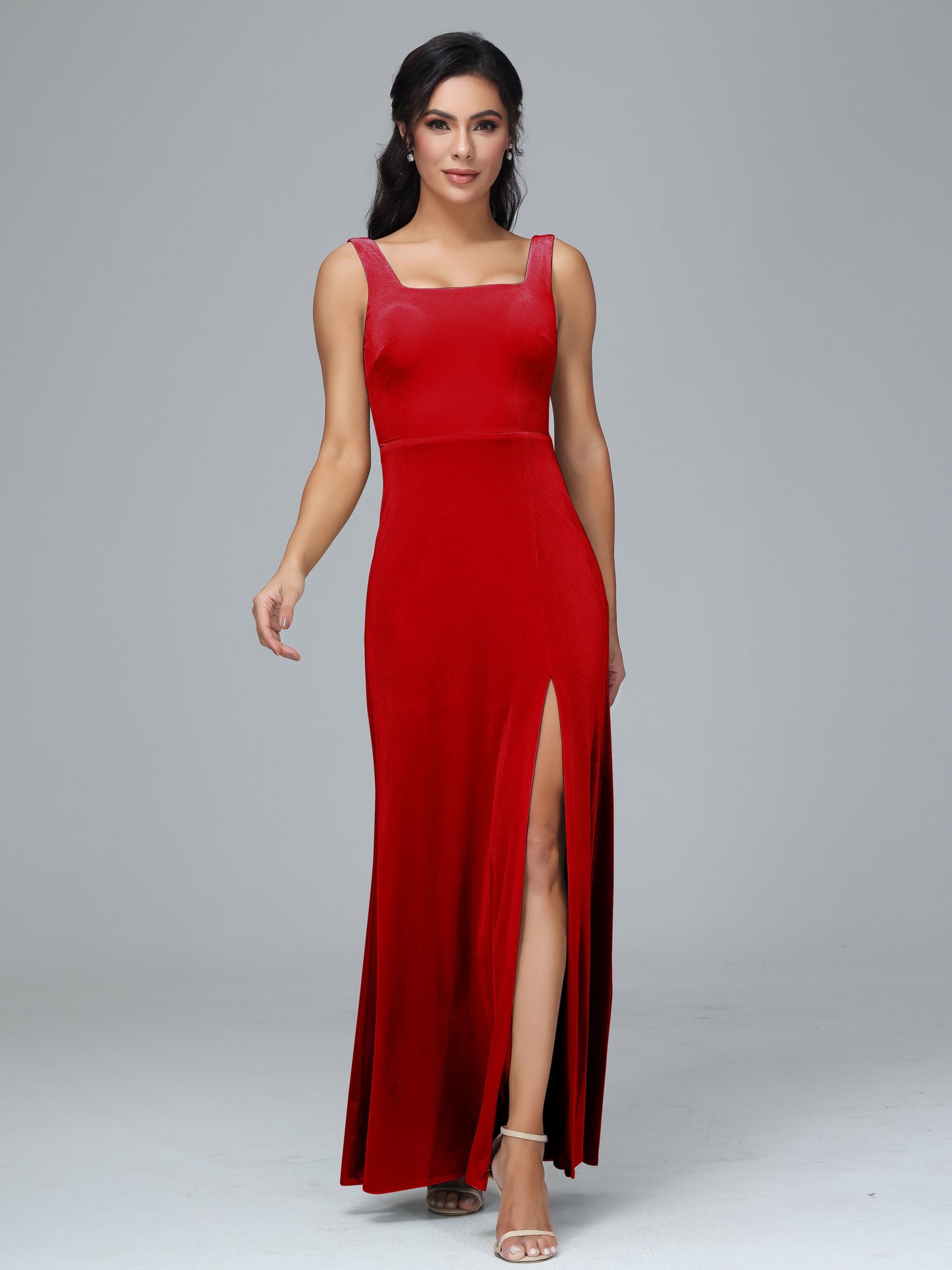 Square Neck Plus Size Velvet Bridesmaid Dress With Slit