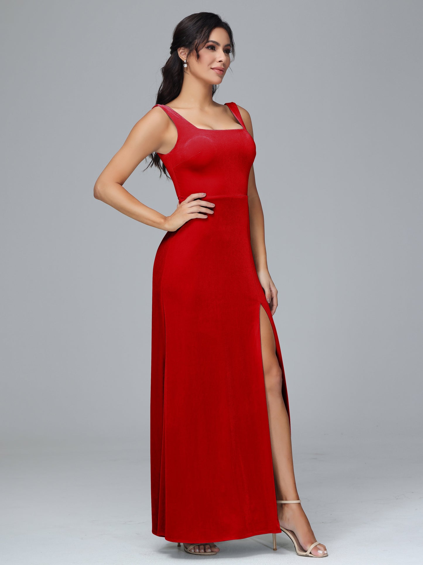Square Neck Plus Size Velvet Bridesmaid Dress With Slit