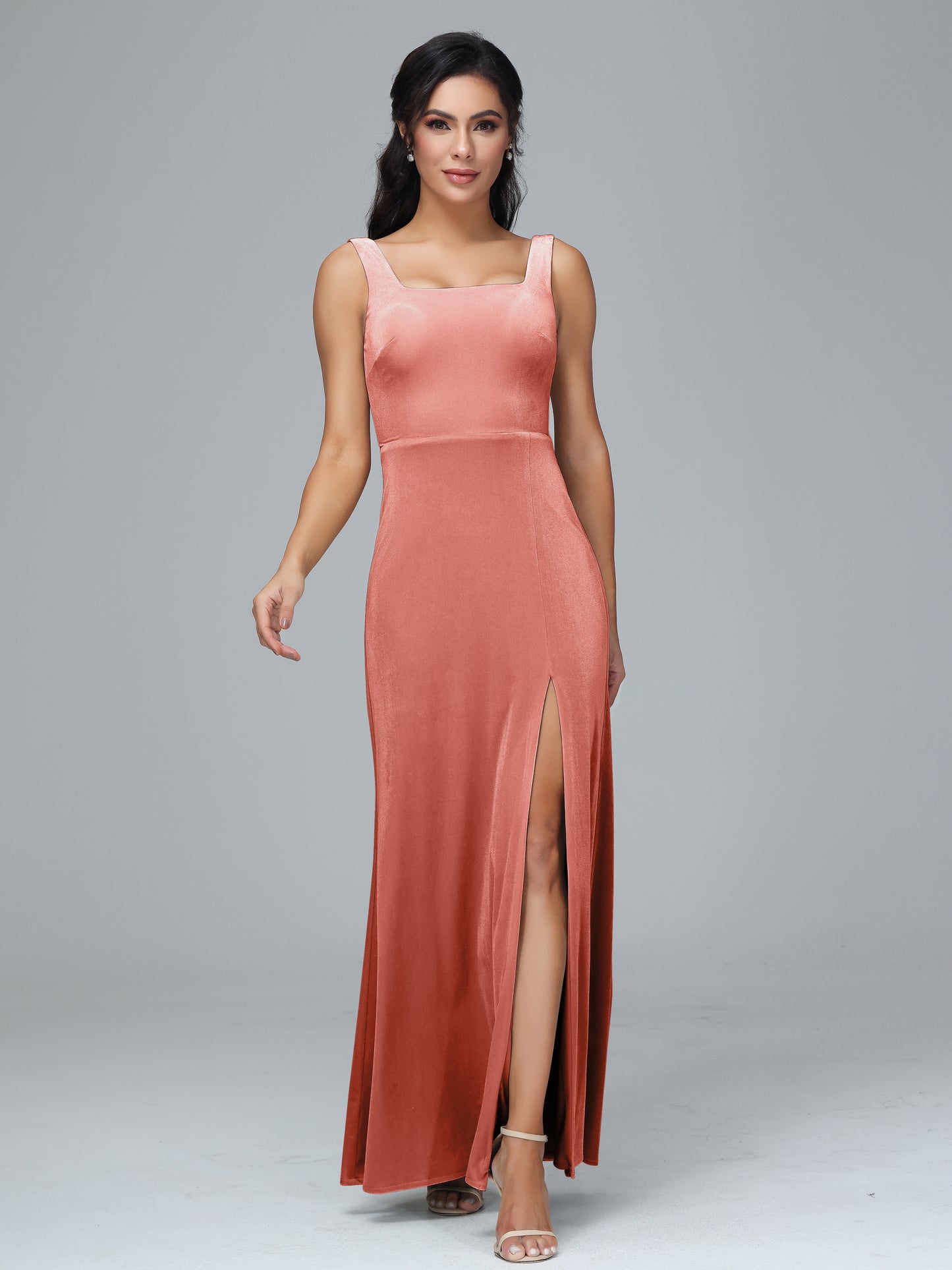 Square Neck Velvet Bridesmaid Dress With Slit