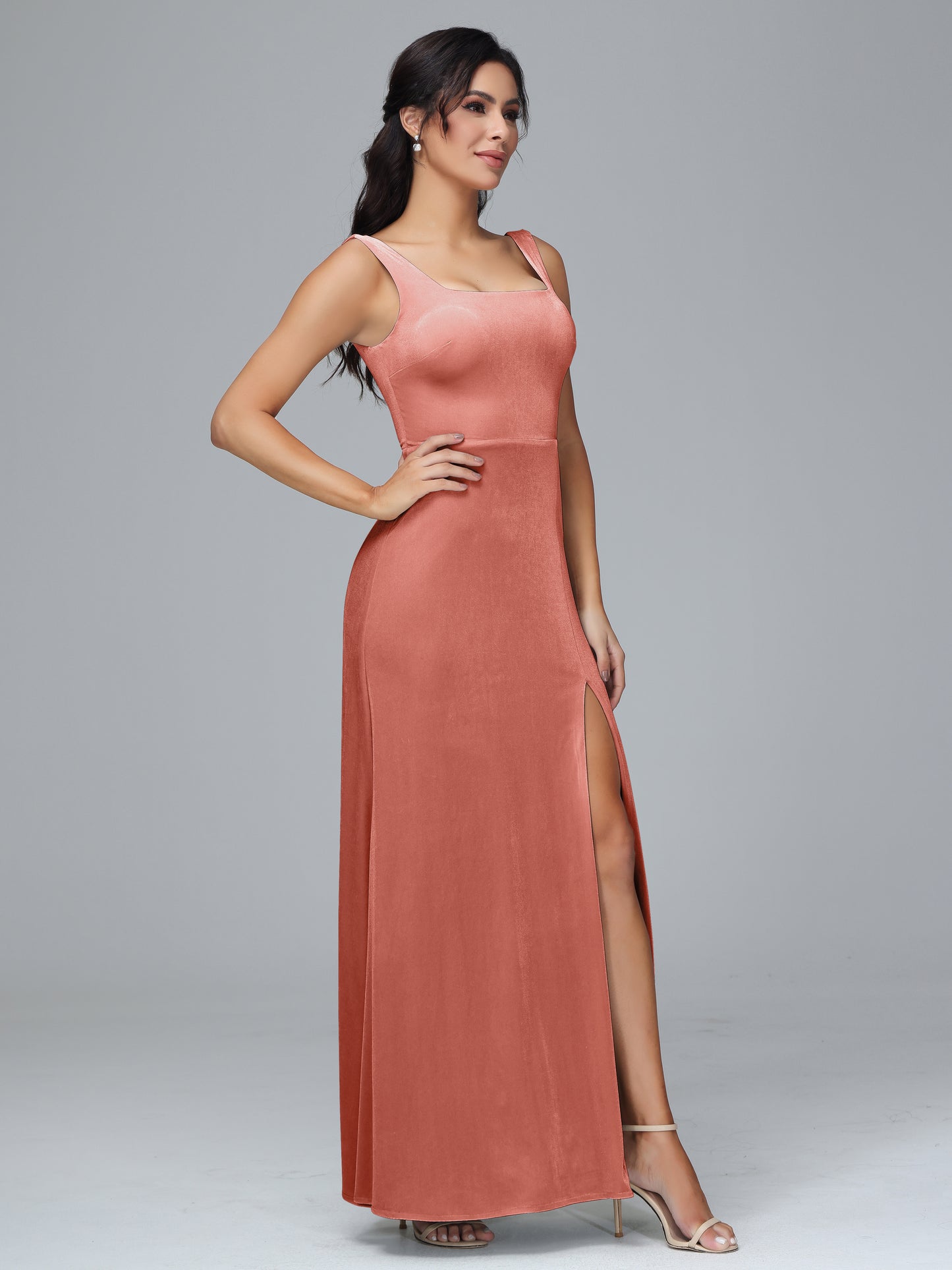 Square Neck Velvet Bridesmaid Dress With Slit