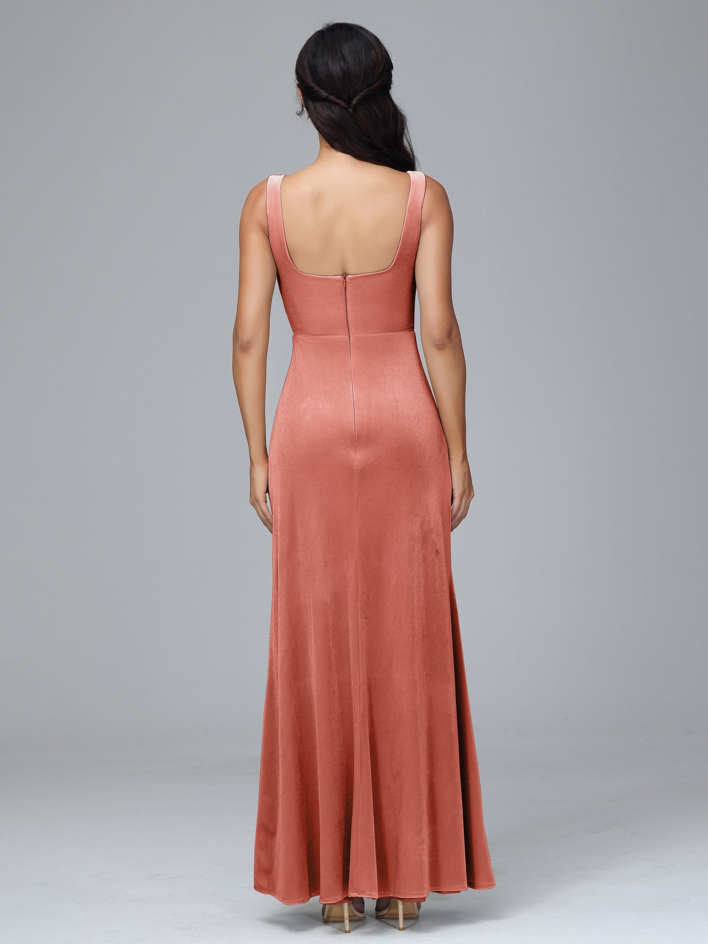 Square Neck Velvet Bridesmaid Dress With Slit