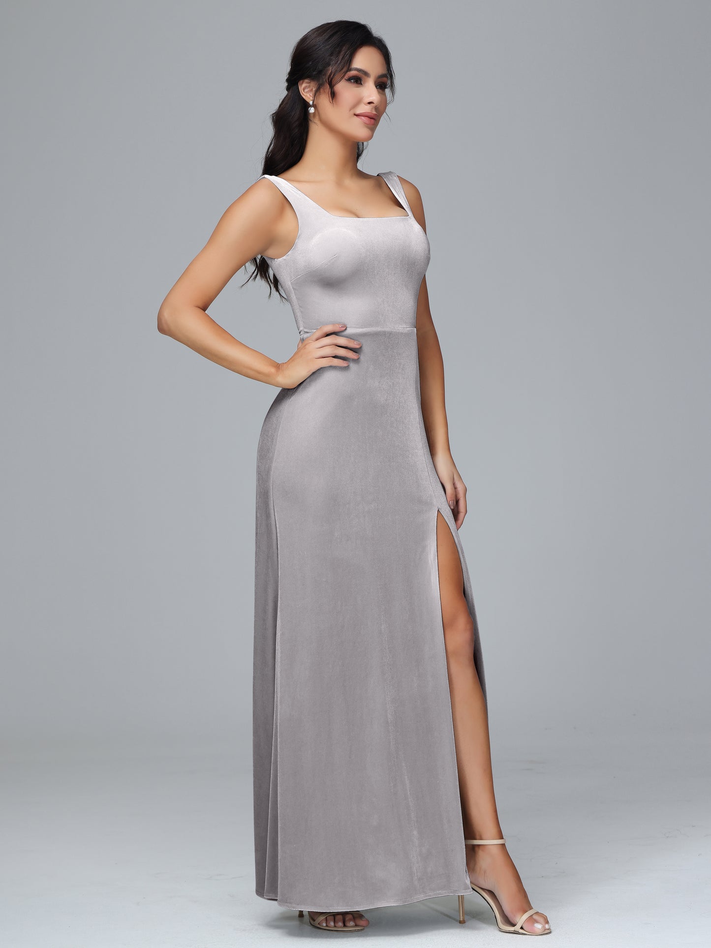 Square Neck Velvet Bridesmaid Dress With Slit