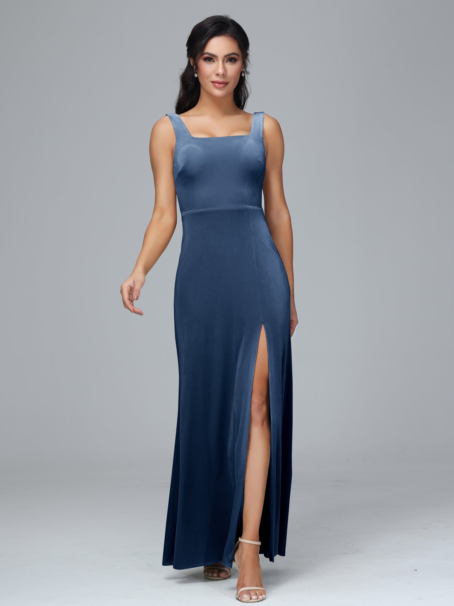 Square Neck Velvet Bridesmaid Dress With Slit