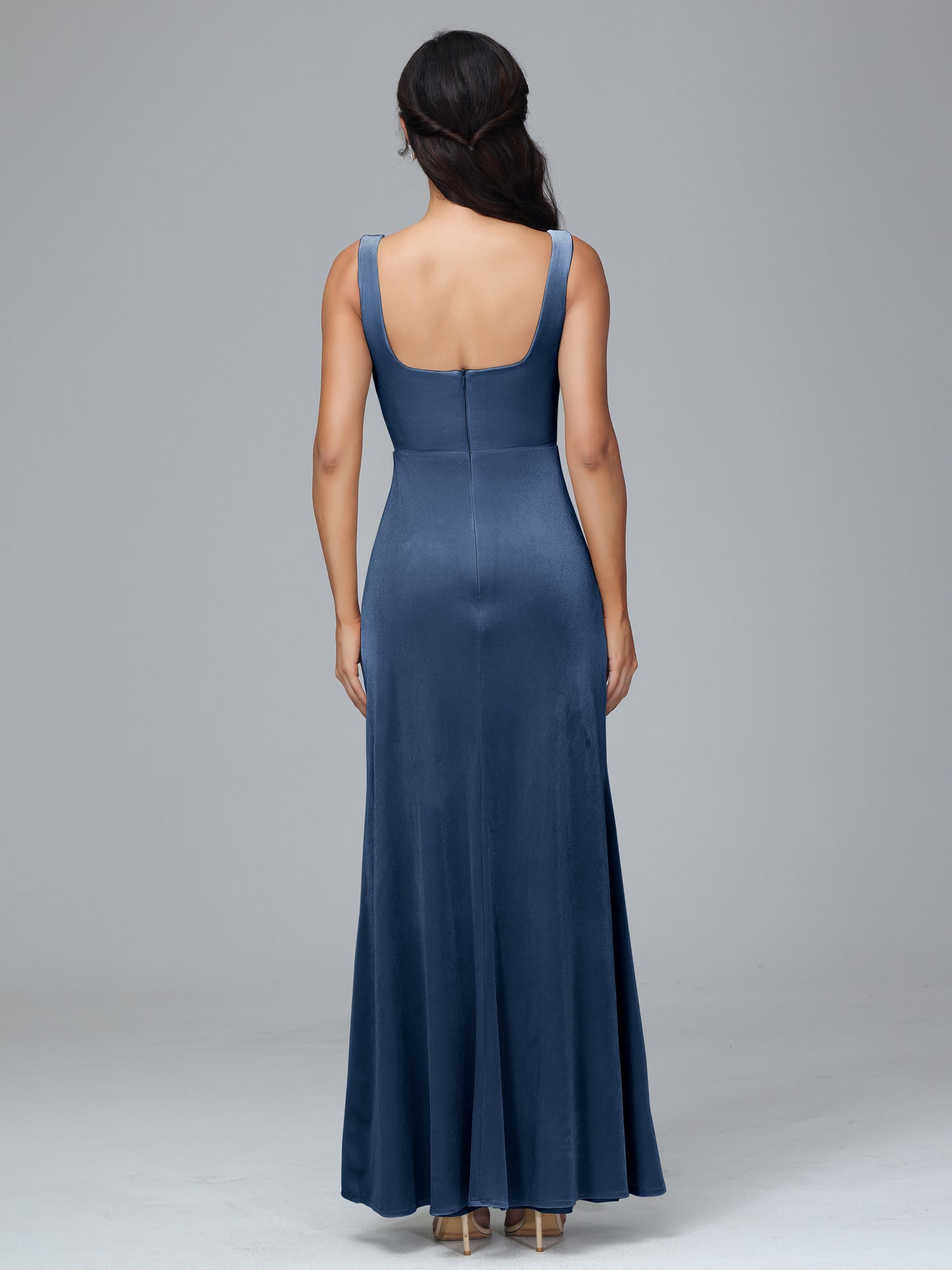 Square Neck Velvet Bridesmaid Dress With Slit