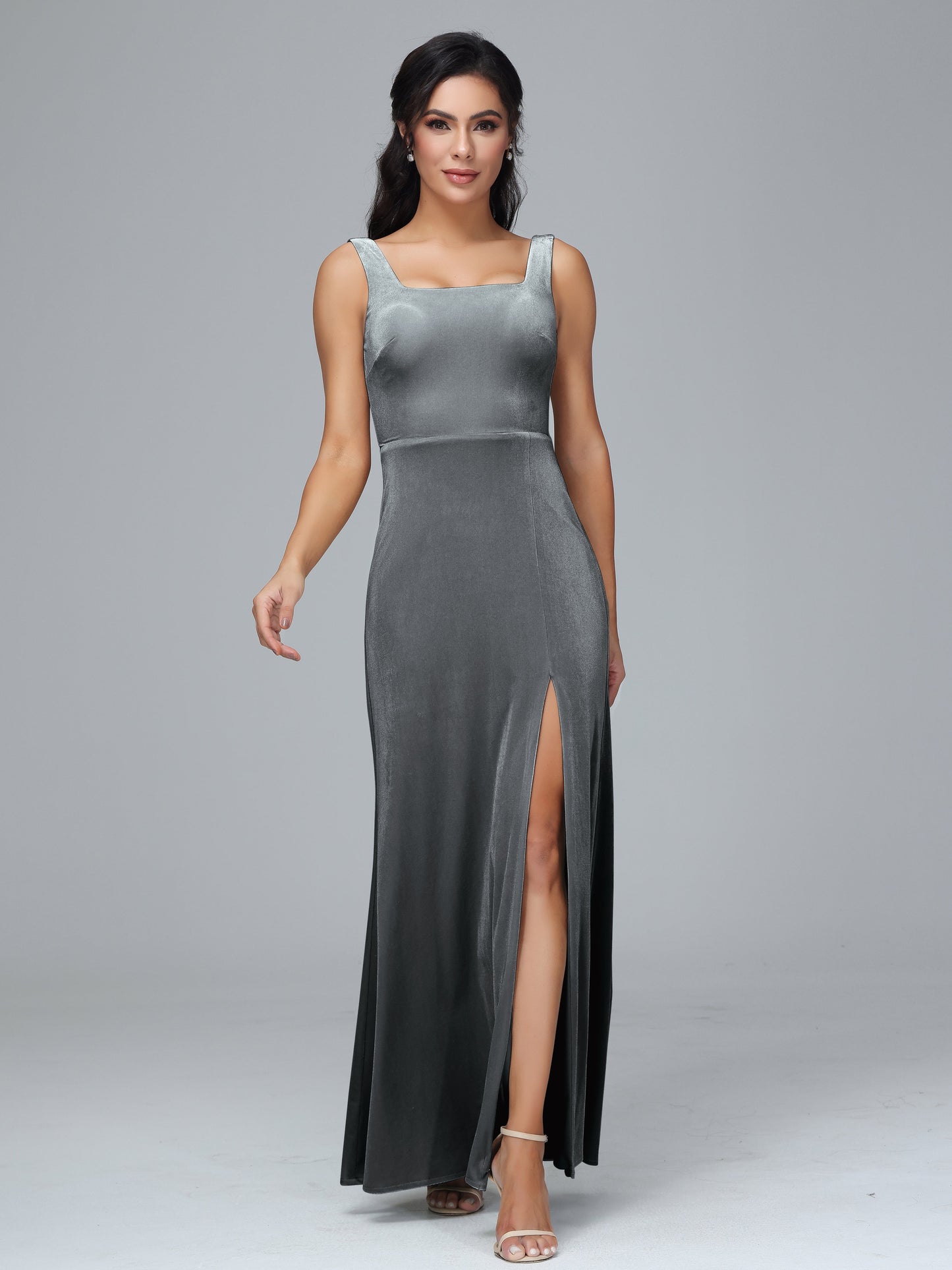 Square Neck Plus Size Velvet Bridesmaid Dress With Slit