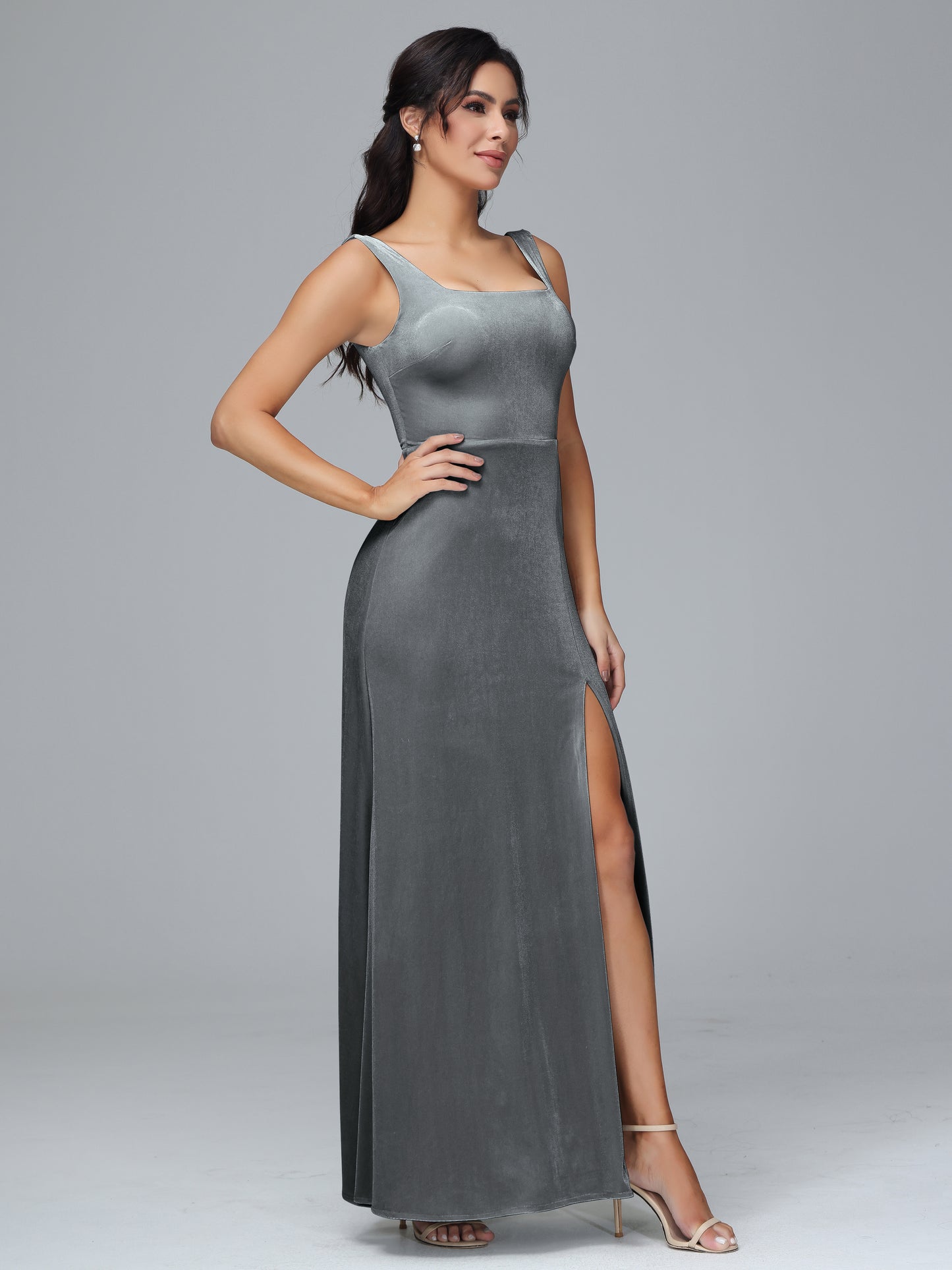 Square Neck Velvet Bridesmaid Dress With Slit