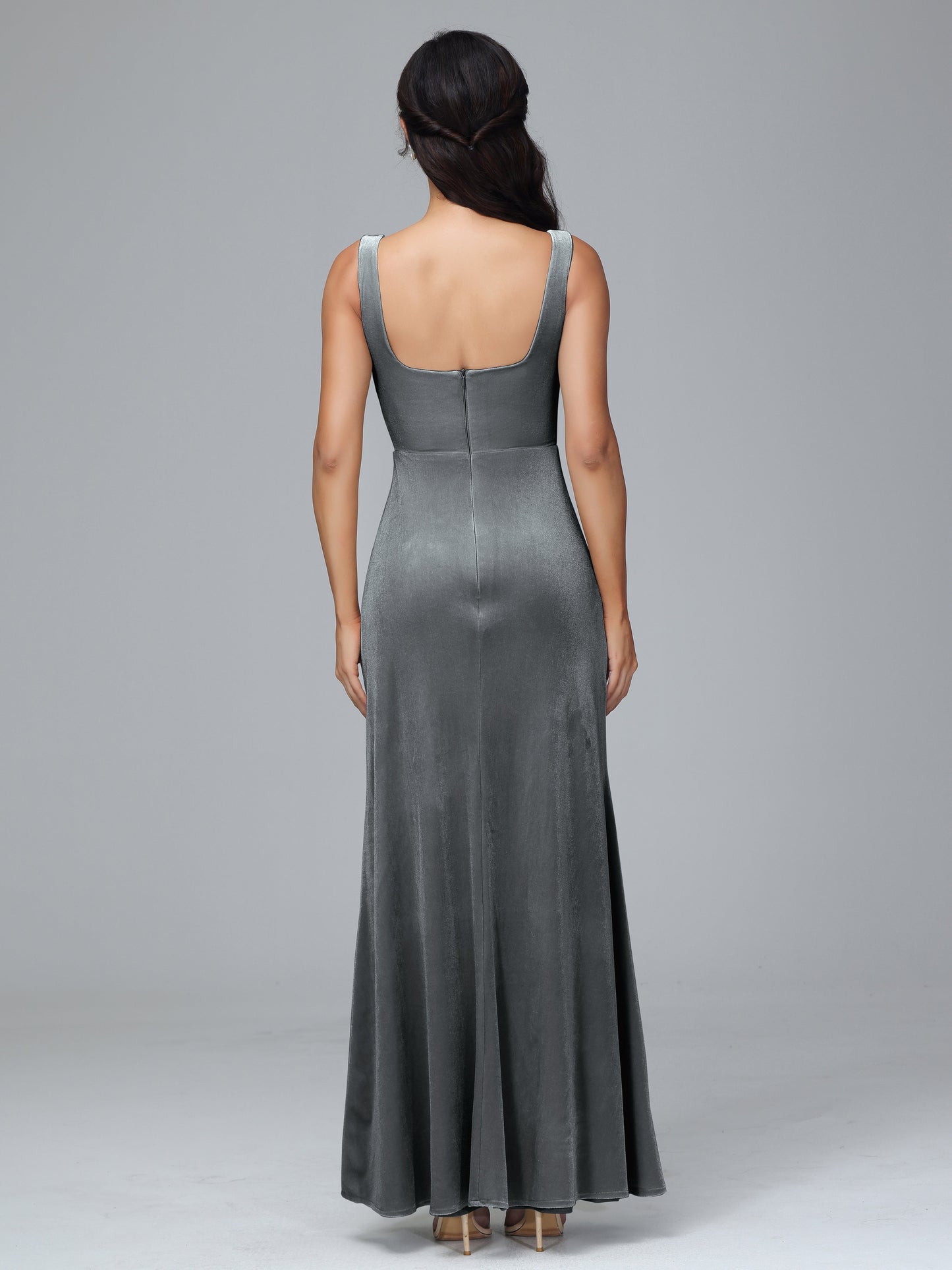 Square Neck Plus Size Velvet Bridesmaid Dress With Slit