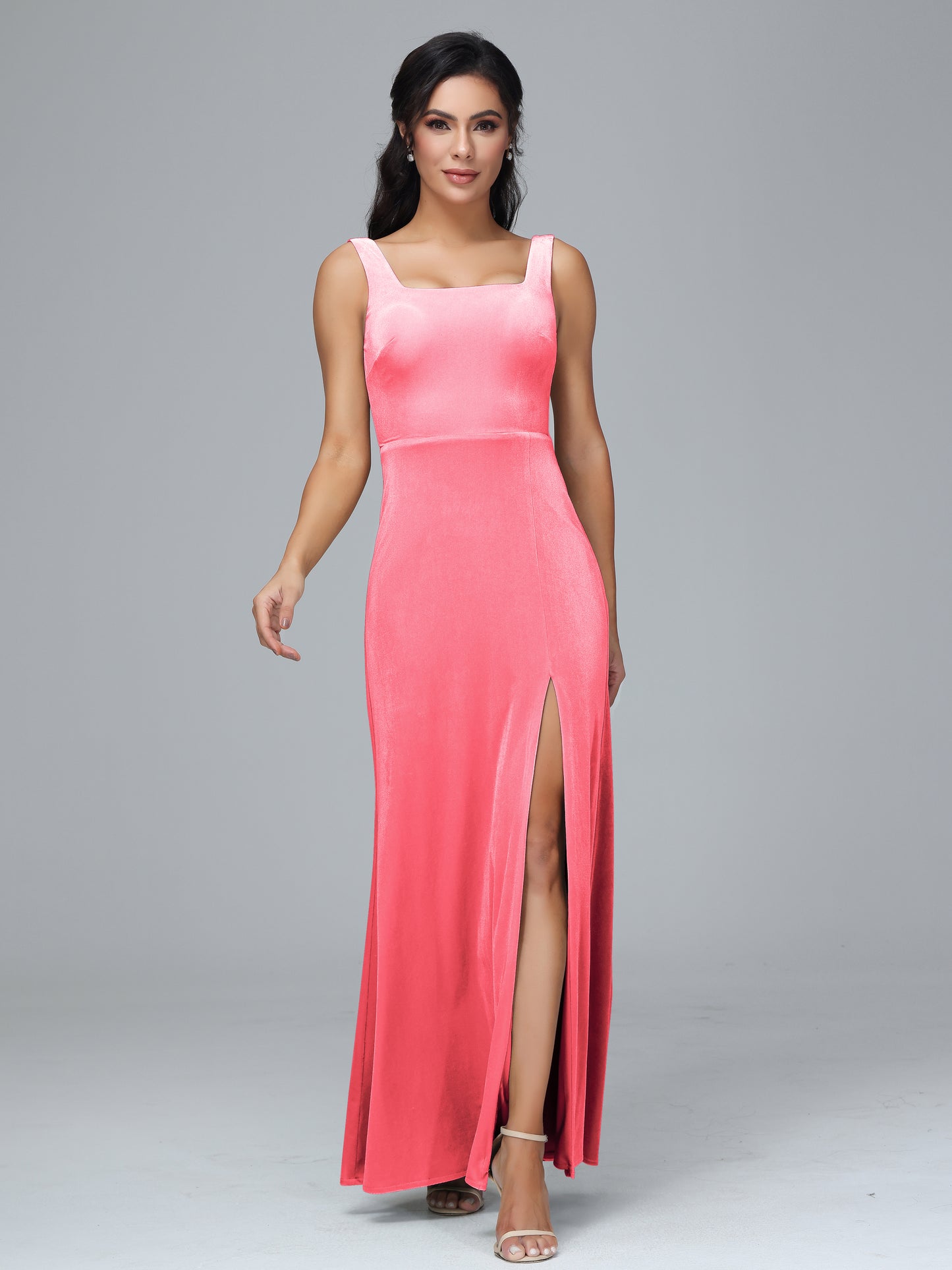 Square Neck Velvet Bridesmaid Dress With Slit