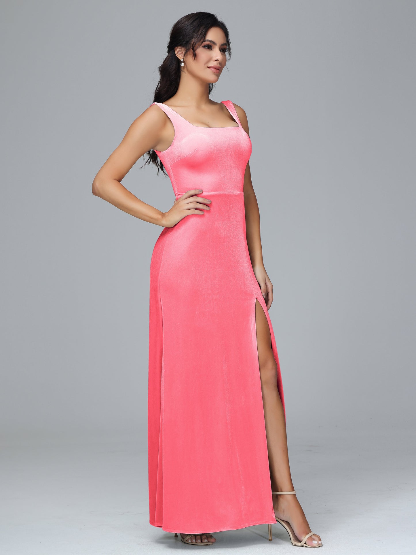 Square Neck Plus Size Velvet Bridesmaid Dress With Slit