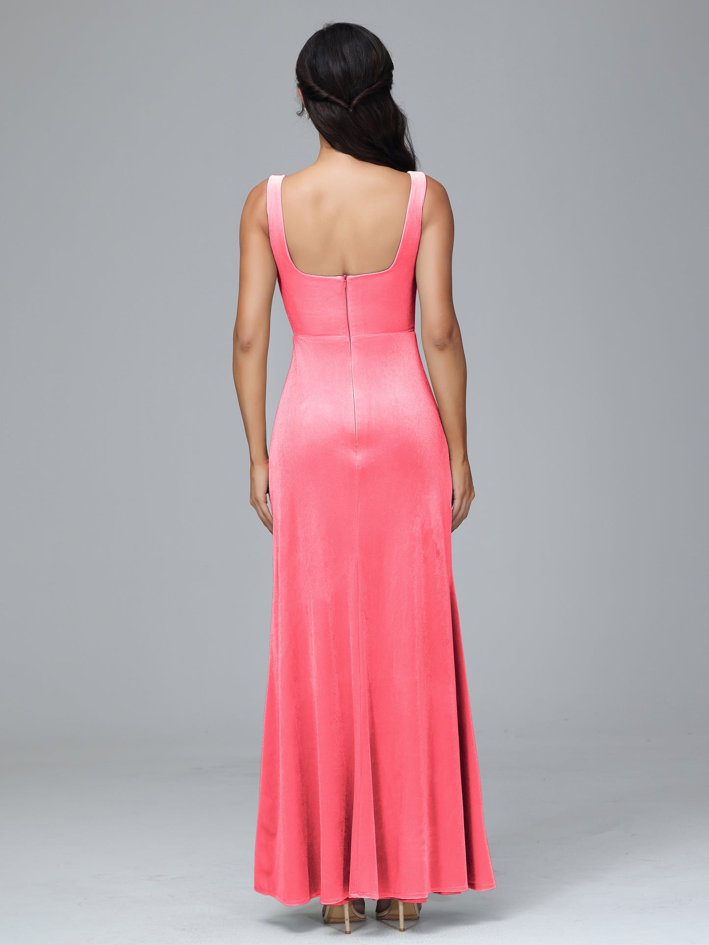 Square Neck Velvet Bridesmaid Dress With Slit