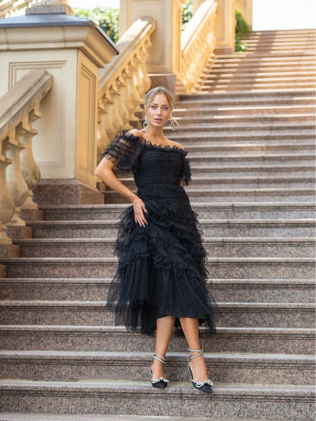 Black Strapless Short Sleeves Layered Maxi Prom Dress, Black / S Black Strapless Short Sleeves Layered Maxi Prom Dress, Black / S