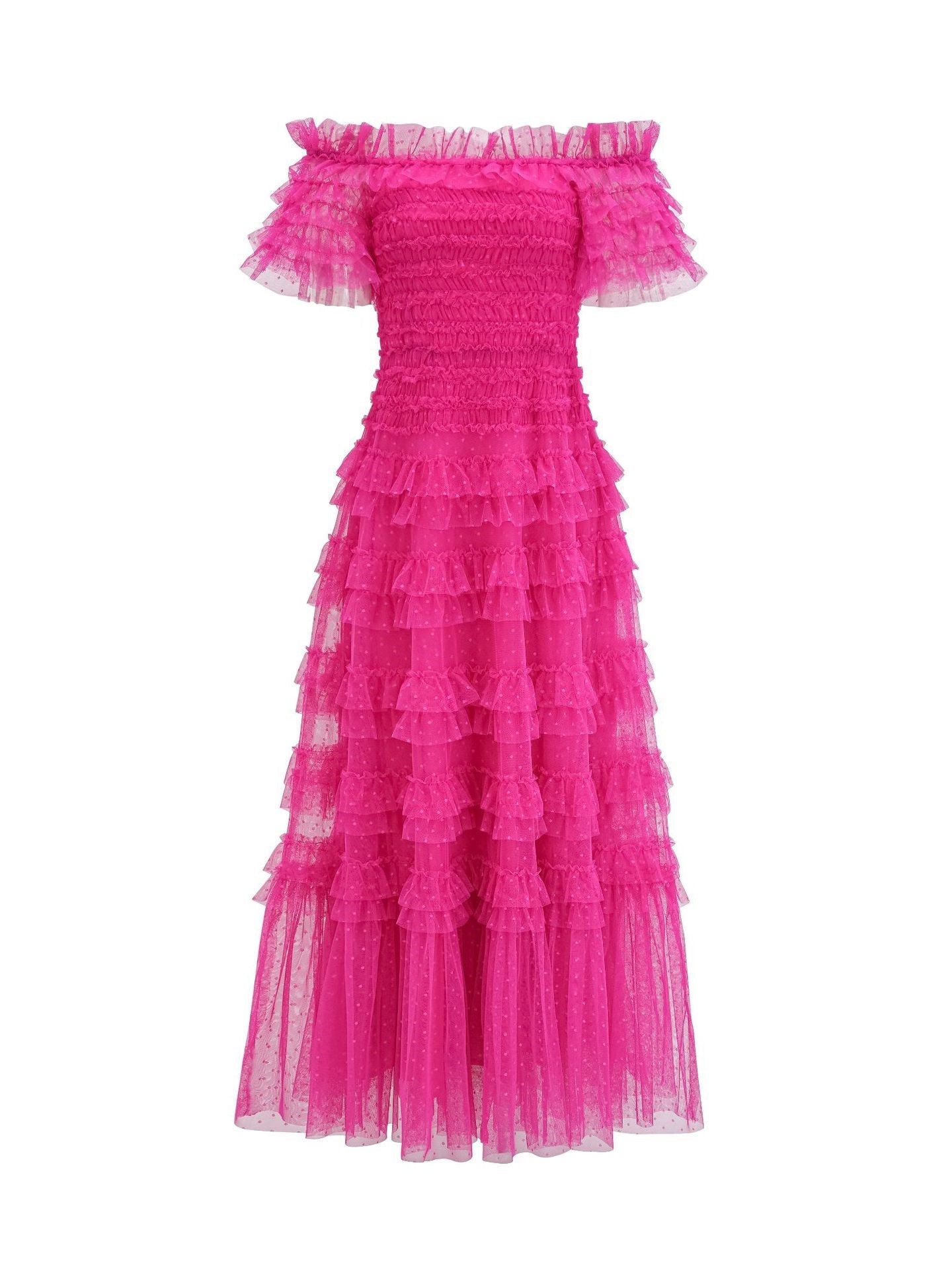 Fuchsia Strapless Short Sleeves Layered Maxi Formal Dress, Fuchsia / S