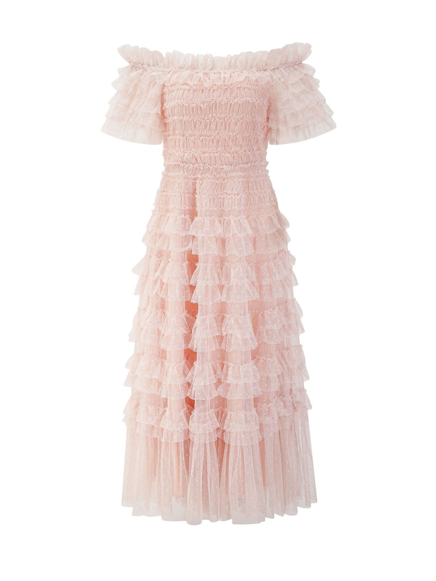 Pearl Pink Strapless Short Sleeves Layered Maxi Formal Dress, Pearl_Pink / L