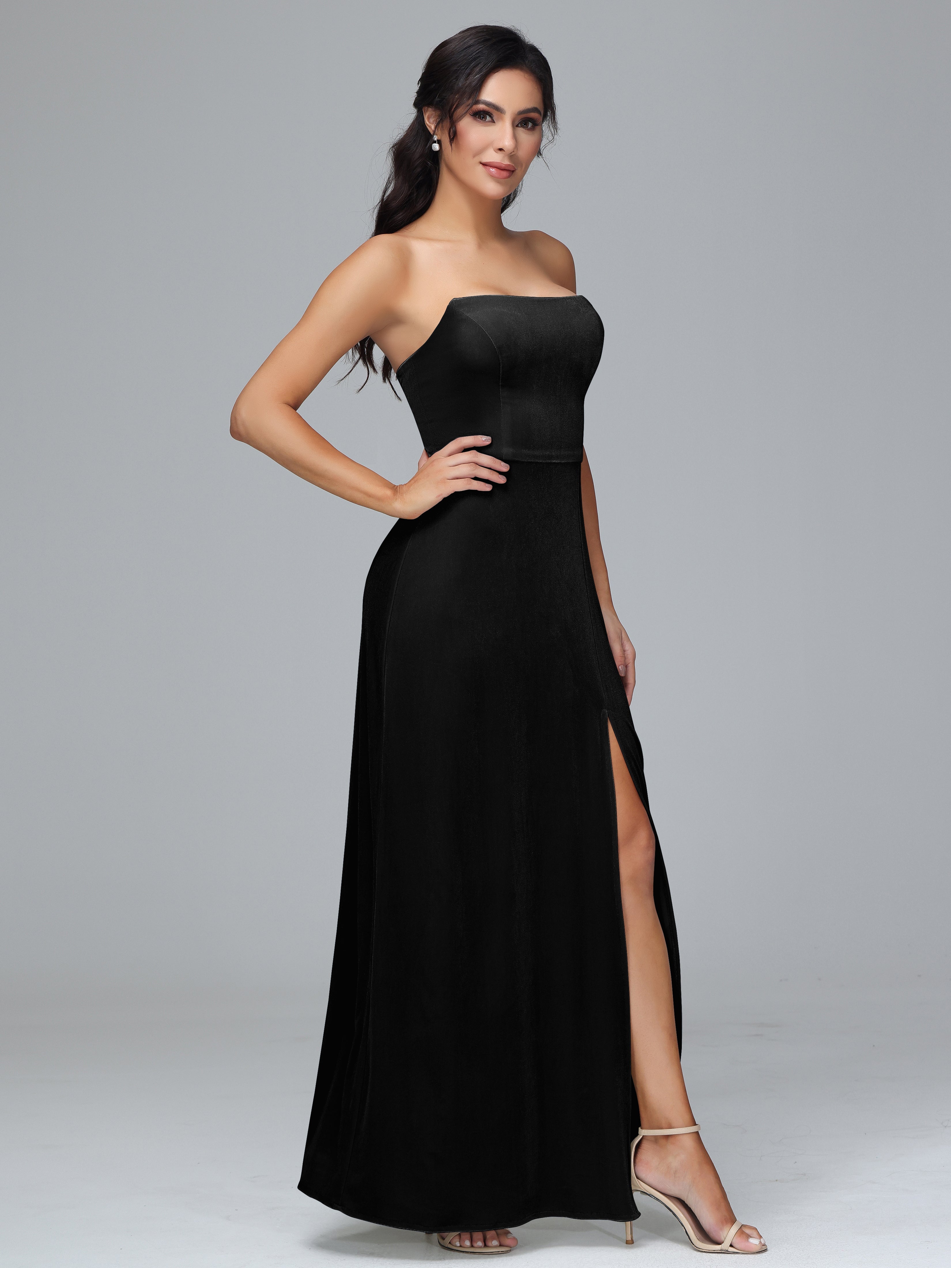 Strapless Plus Size Velvet Bridesmaid Dress With Slit, Black Strapless Plus Size Velvet Bridesmaid Dress With Slit, Black