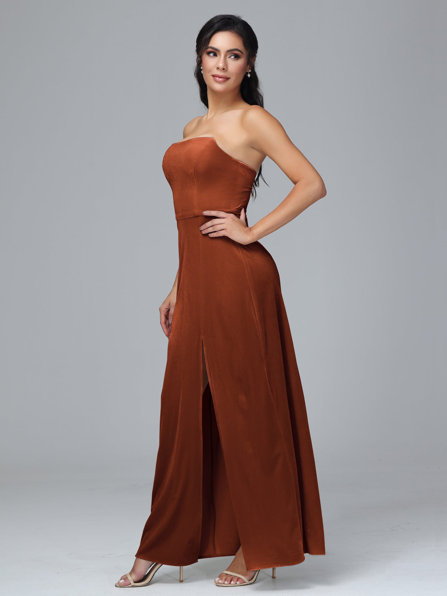 Strapless Velvet Bridesmaid Dress With Slit